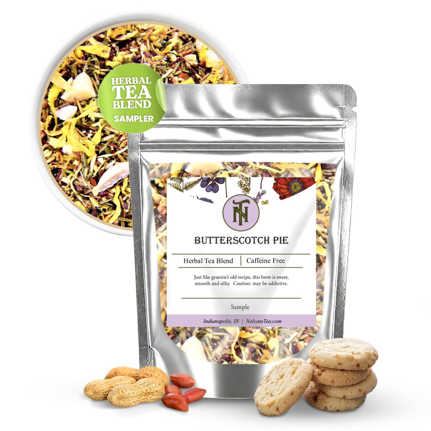 Nelson's Tea - Butterscotch Pie - Caffeine-Free - Herbal Loose Leaf Tea - Green rooibos, Honey bush tea, Peanuts, Butterscotch chips, Milk