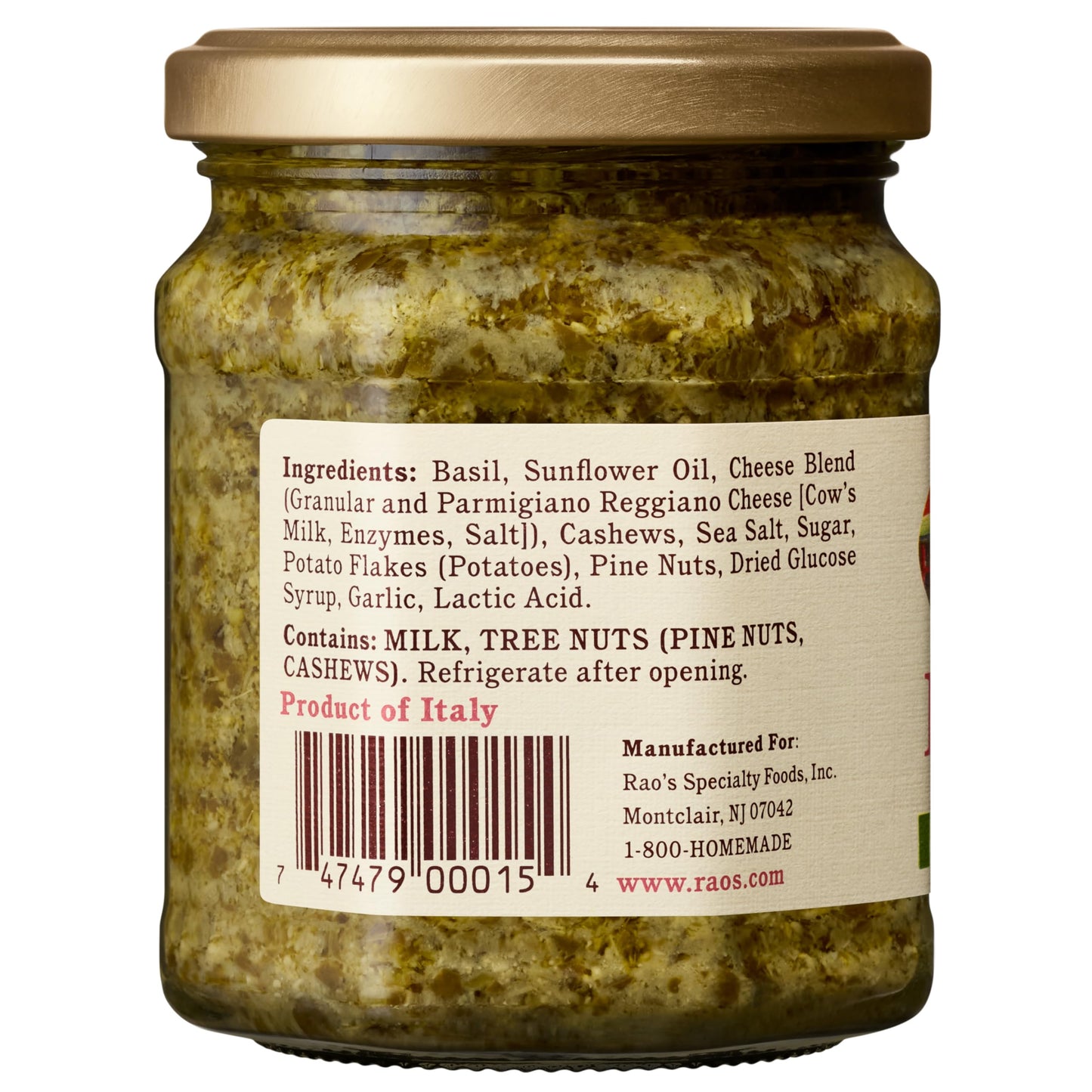 Rao's Homemade Basil Pesto Sauce, 6.7 oz, Flavorful Pasta Sauce, Premium Quality, With Cheese, Nuts, Garlic & Olive Oil