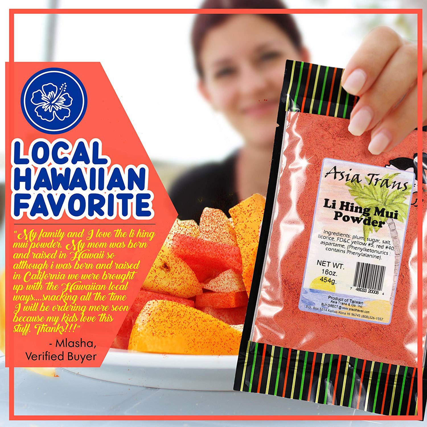 Asia Trans Li Hing Mui Crack Seed Plum Powder - Hawaiian Favorite - Sweet, Sour, & Salty Dried Asian Umeboshi Topping for Desserts and Snacks (16 oz)