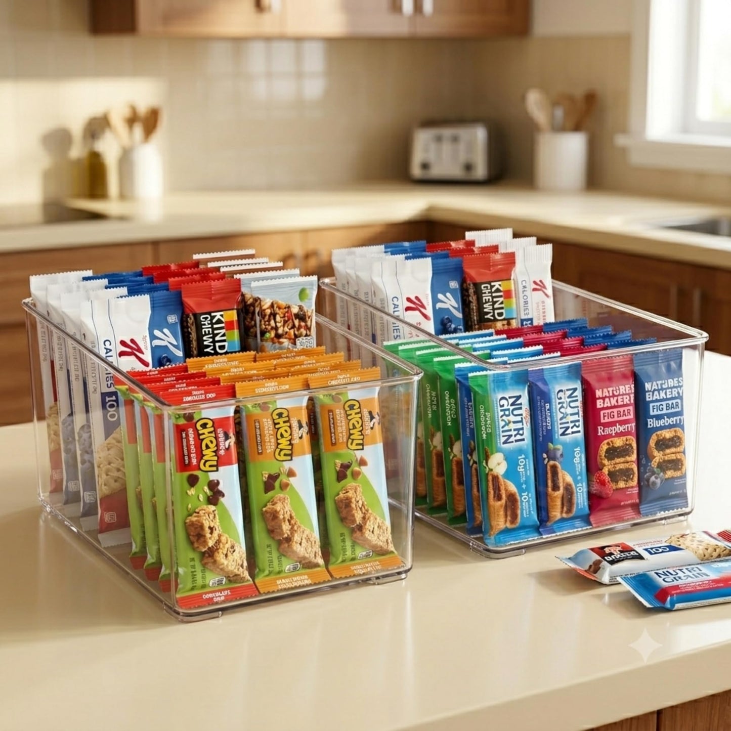 Granola Bars Bulk (60) Count Variety Pack with 2 Acrylic Storage Container, Healthy Breakfast Bars Snack Box, Assorted Chewy Oat Bars, Cereal Bars