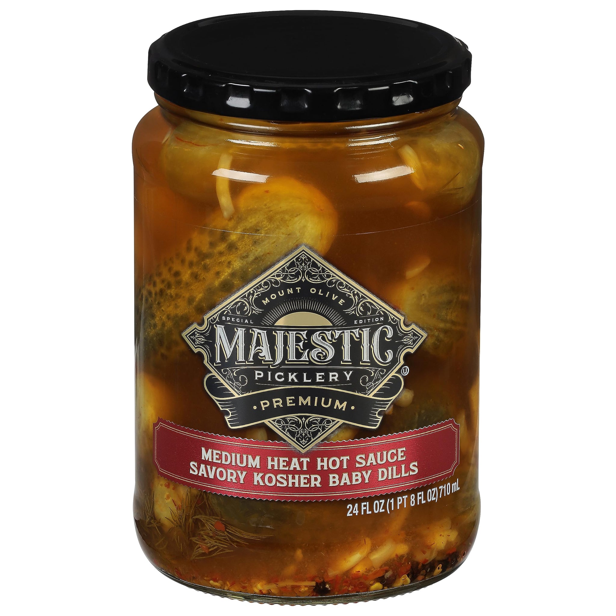 Mt Olive, Majestic Picklery Premium Medium Heat Hot Sauce Savory Kosher Baby Dills Pickles, 24 Ounce