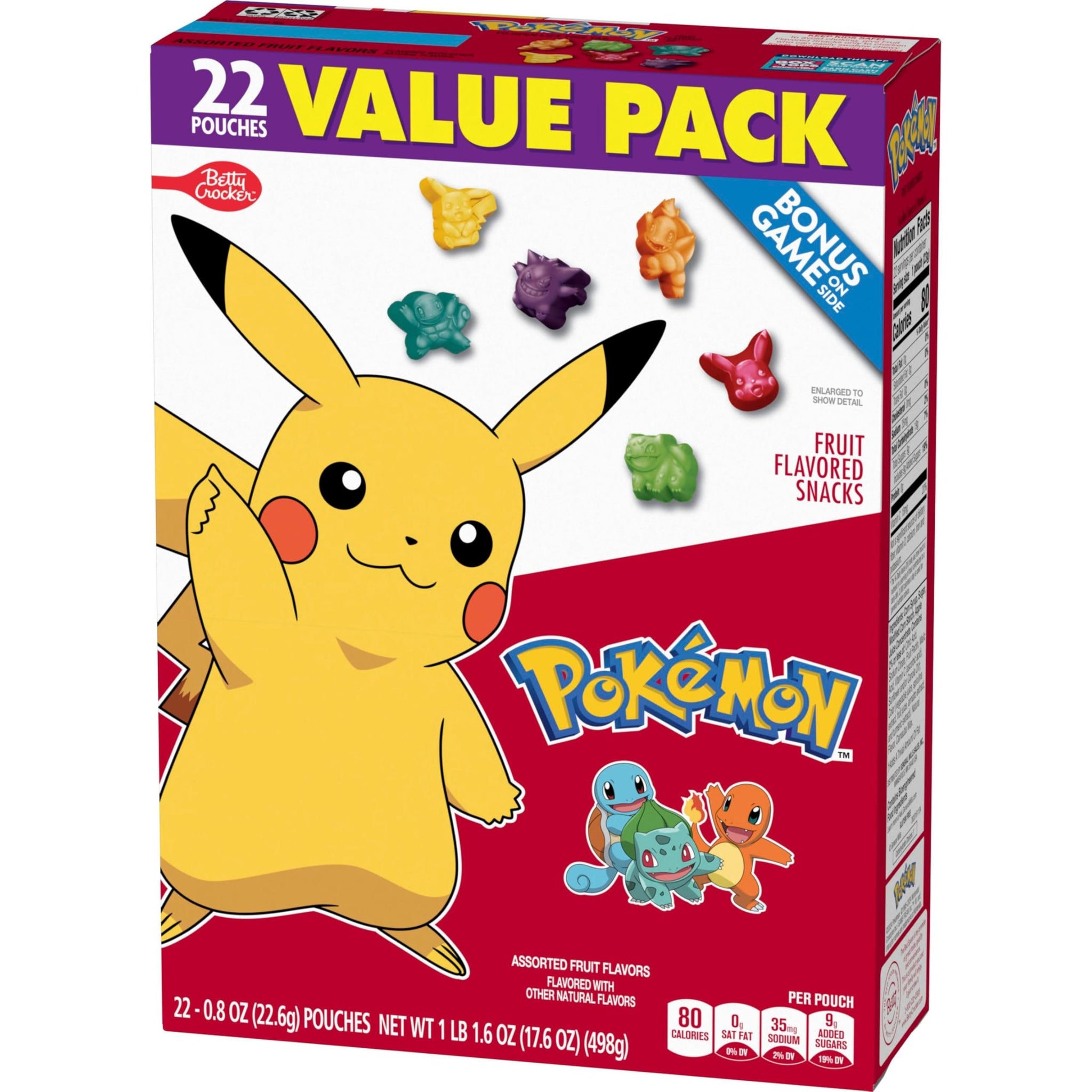 Pokemon Fruit Flavored Snacks, Fat Free and Gluten Free Snacks, 17.6 oz (22 Pouches)