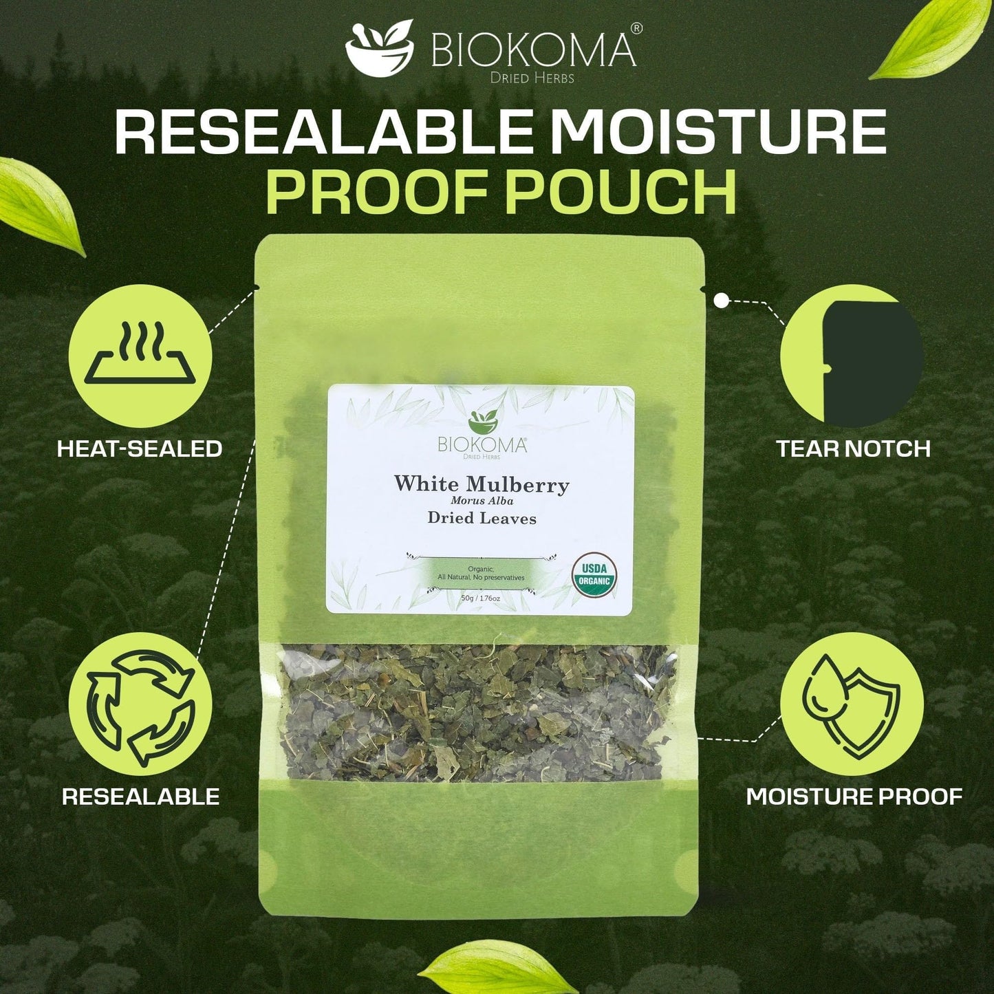 Biokoma Organic White Mulberry Leaf Tea Loose Dried Leaves 1.76oz - Morus Alba Herbal Tea - USDA Organic - Resealable Moisture Proof Pouch - No