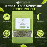 Biokoma Organic White Mulberry Leaf Tea Loose Dried Leaves 1.76oz - Morus Alba Herbal Tea - USDA Organic - Resealable Moisture Proof Pouch - No