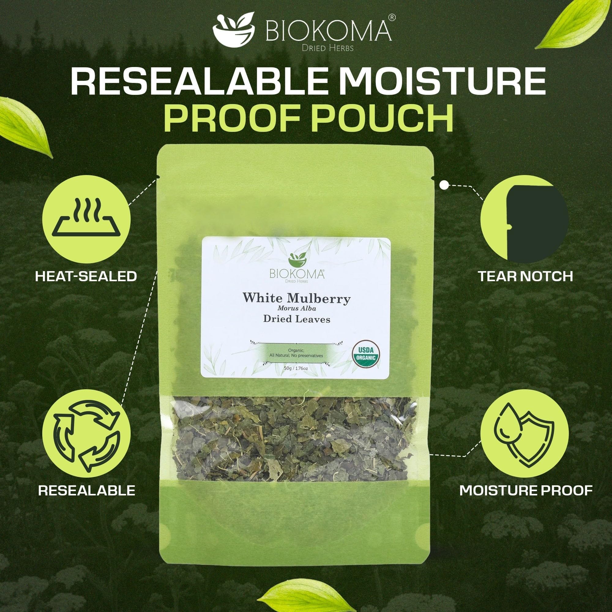 Biokoma Organic White Mulberry Leaf Tea Loose Dried Leaves 1.76oz - Morus Alba Herbal Tea - USDA Organic - Resealable Moisture Proof Pouch - No