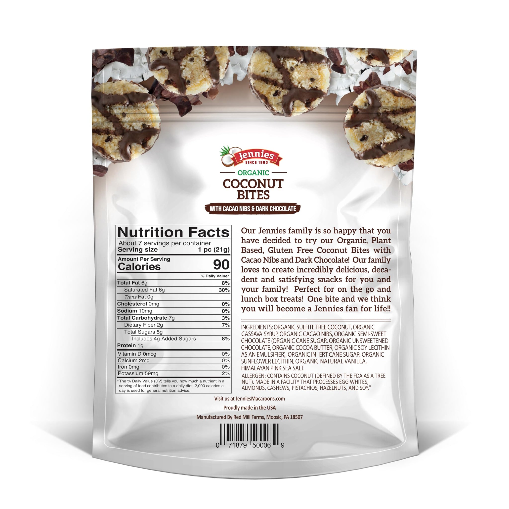 Jennies Organic Coconut Bites with Cacao Nibs and Dark Chocolate, 5.25oz (6 Pack) | Gluten Free | Peanut Free | Dairy Free | Non GMO