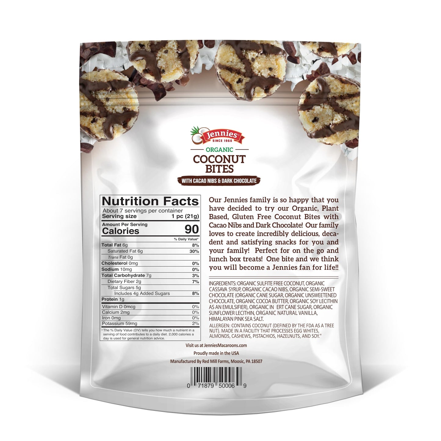 Jennies Organic Coconut Bites with Cacao Nibs and Dark Chocolate, 5.25oz | Gluten Free | Peanut Free | Dairy Free | Non GMO