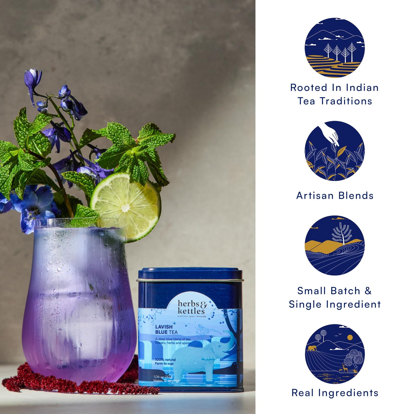 Herbs & Kettles Lavish Blue Tea | Butterfly Pea Flower & Darjeeling Green Tea with Lemongrass, Ginger & Mint | Color-Changing Herbal Tea | 1.06 oz