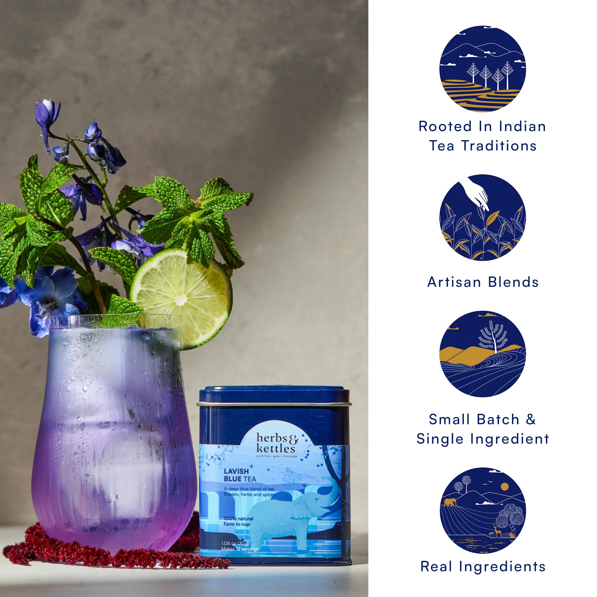 Herbs & Kettles Lavish Blue Tea | Butterfly Pea Flower & Darjeeling Green Tea with Lemongrass, Ginger & Mint | Color-Changing Herbal Tea | 1.06 oz