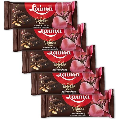 Laima Dark Chocolate (50%) with Cherries and Crushed Almonds, 90g Bars (Pack of 5), Lukss (Luxury)