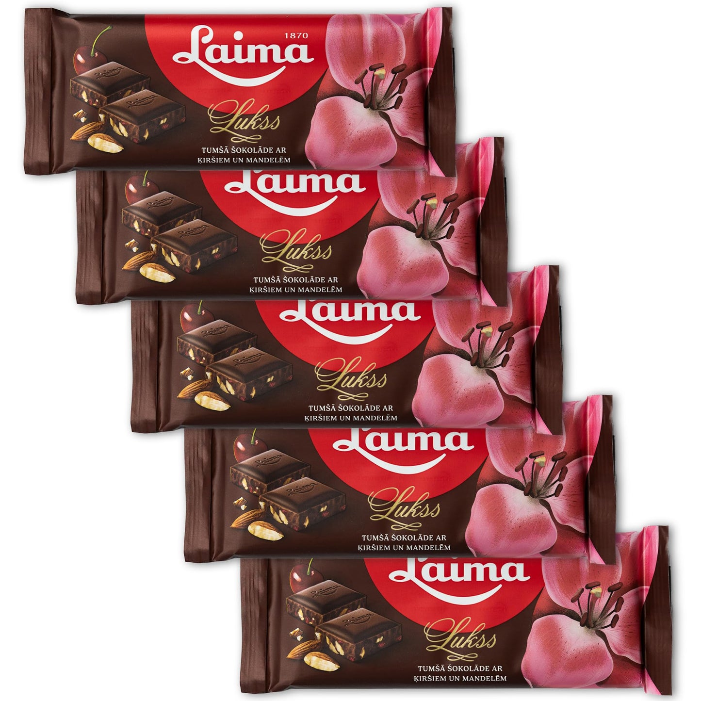 Laima Dark Chocolate (50%) with Cherries and Crushed Almonds, 90g Bars (Pack of 5), Lukss (Luxury)