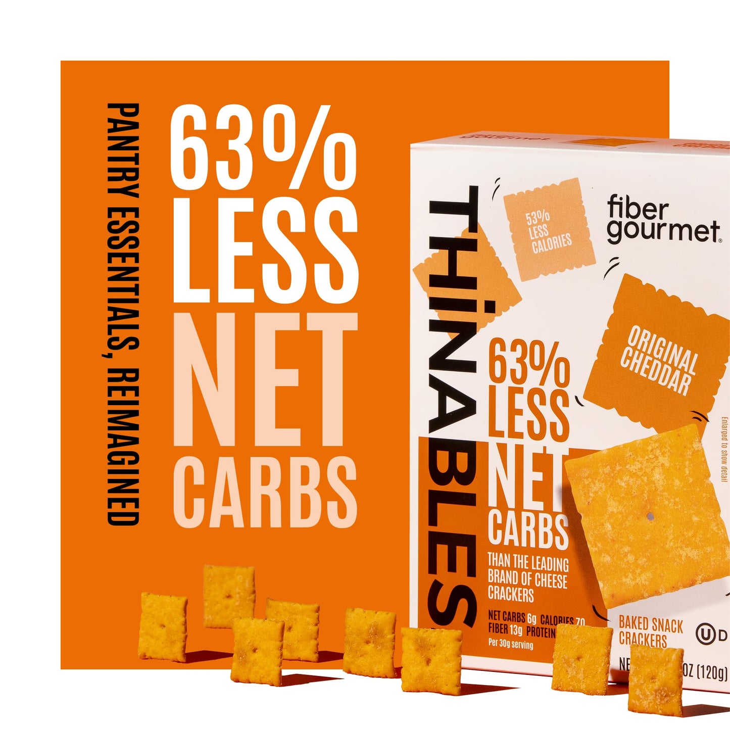 Fiber Gourmet Thinables Baked Cheese Crackers Healthy Low Net Carb Keto - Real Cheddar, High Fiber, 70 Calories, 6g Net Carbs, 13g Fiber, 5g Protein