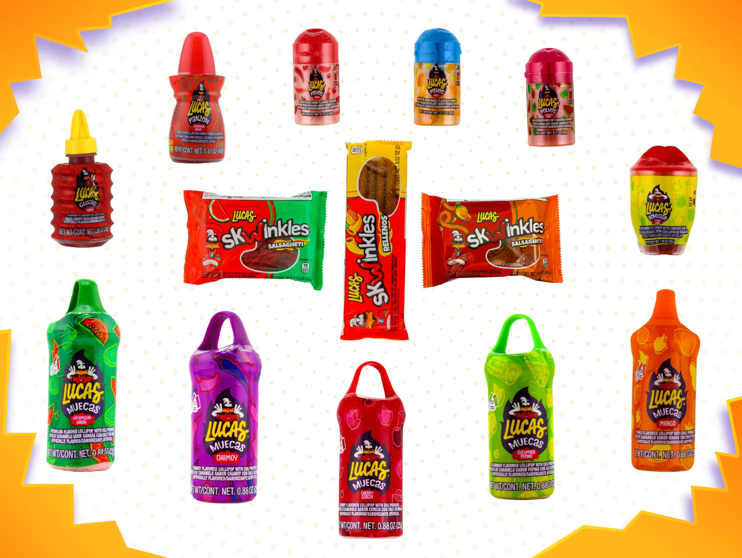 Lucas Mexican Candy Mix (14 Count) Variety of Sour, Sweet, Spicy, Include Lucas Skwinkles, Pelucas, Lucas Muecas, Baby Lucas, Gusano, Salsagheti by