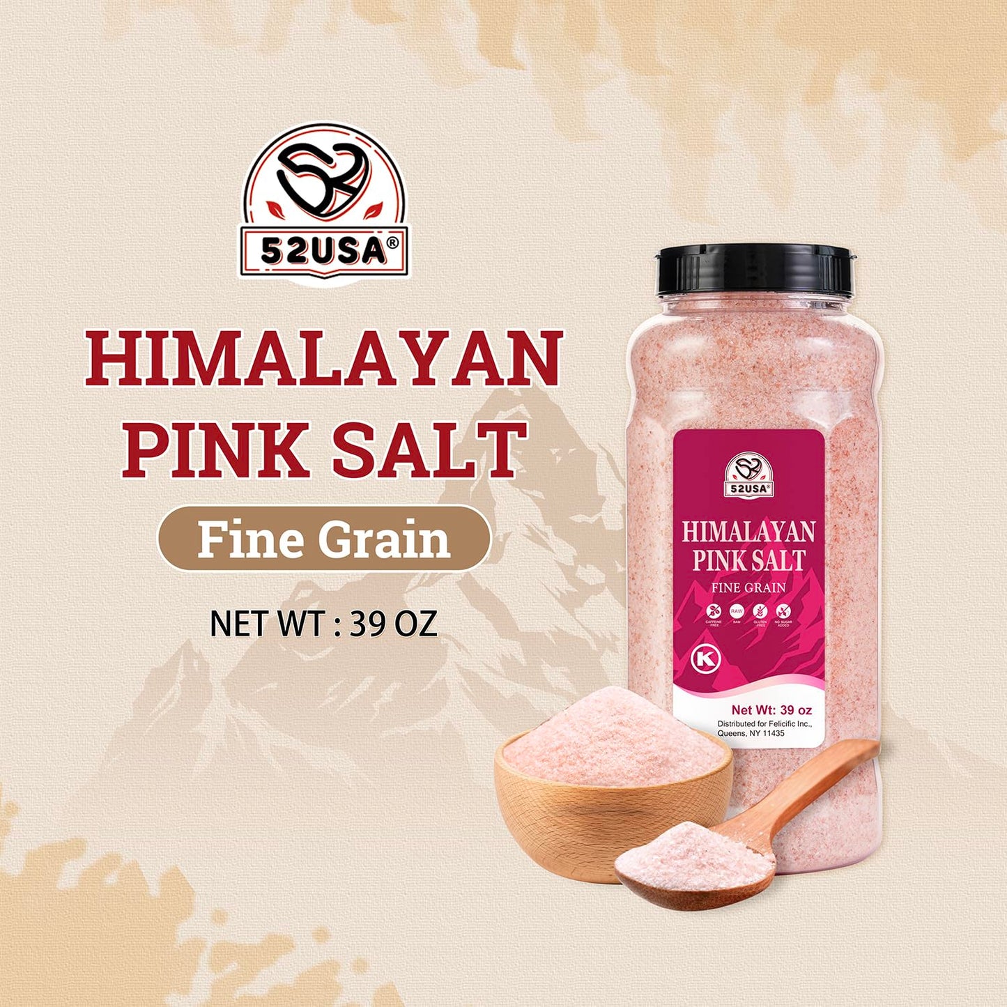 52USA Himalayan Pink Salt, Fine Grain, 39oz (2.4 LB), Pink Himalayan Sea Salt, Himalayan Salt, Kosher Salt, Rock Salt for Grinder Refill