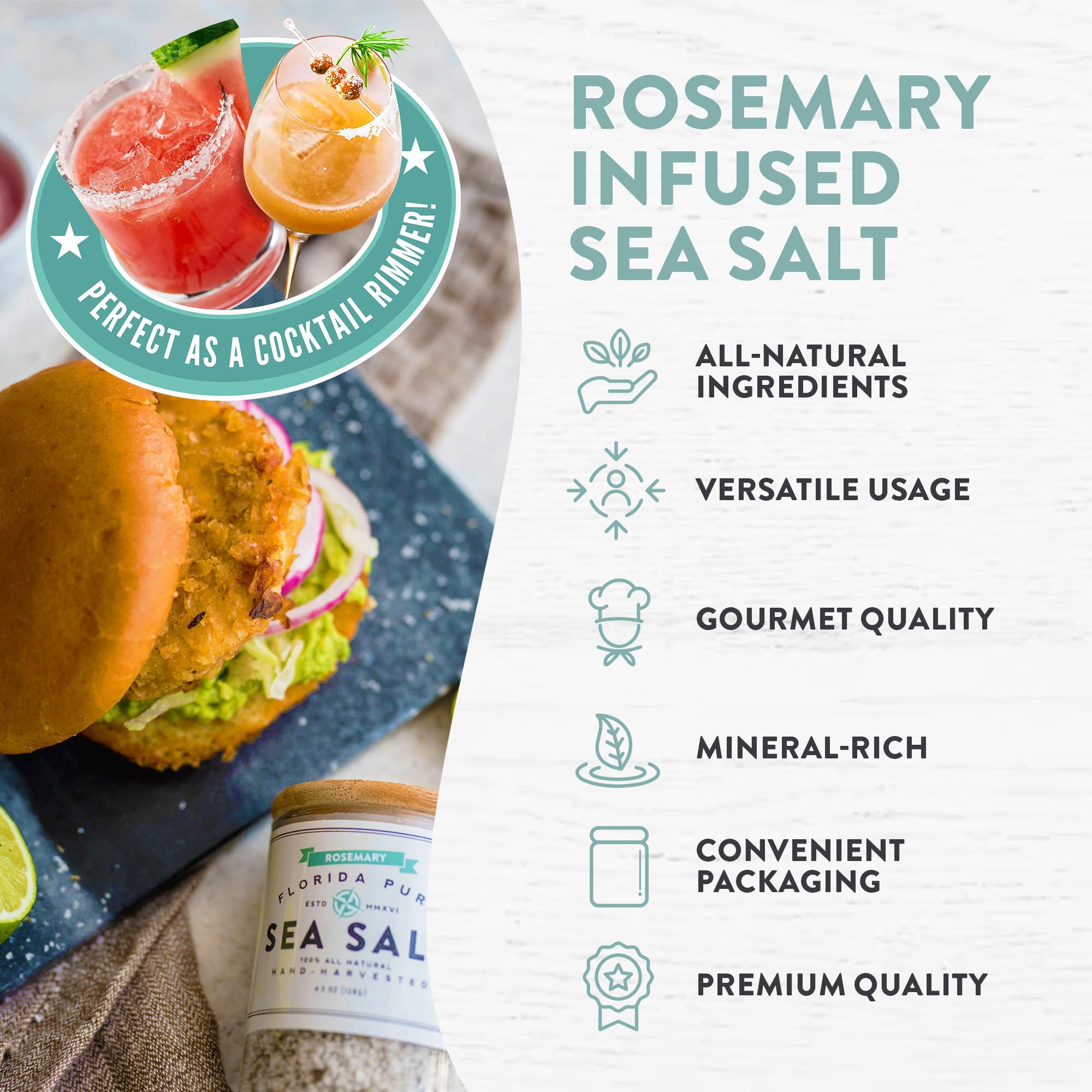 FLORIDA PURE Rosemary Sea Salt - 80+ Mineral Sea Salt, Natural, Unrefined, Non Iodized - for Baking, Cooking, Seasoning & Enhancing Taste