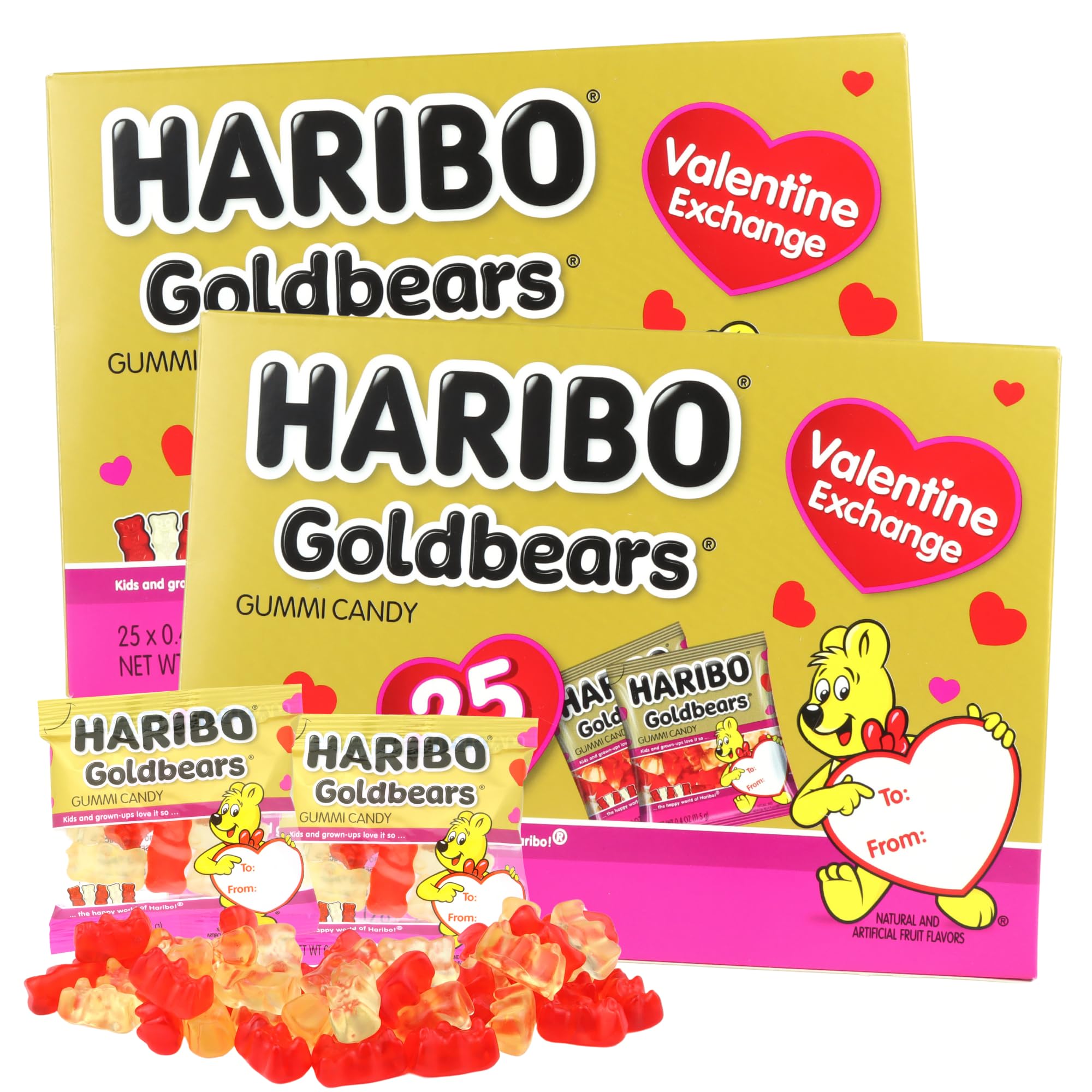 Valentine's Day Haribo Goldbears Friendship Exchange Kit, 25 Individual Bags of Gummy Bears, To/From Sections, Classroom Party Favors (Pack of 2)