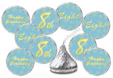 8th Birthday Kisses Stickers, Eight Blue Kiss Labels for Boy Happy Birthday Party, Chocolate Drop Tabletop Decorations, Candy Not Included. Made in
