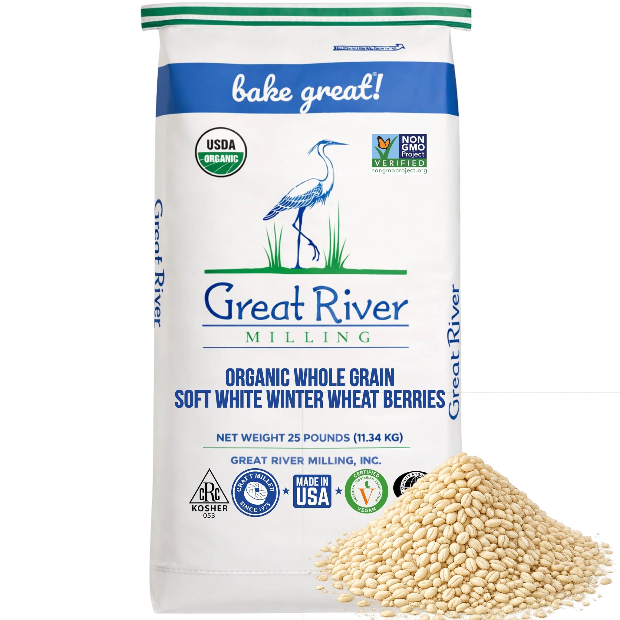 Great River Milling Organic Soft White Winter Wheat | Whole Grain Wheat Berries for Baking & Milling | Non-GMO, Kosher, USDA Organic | Ideal for Pastries, Muffins & More | 25 Lb (Pack of 1)