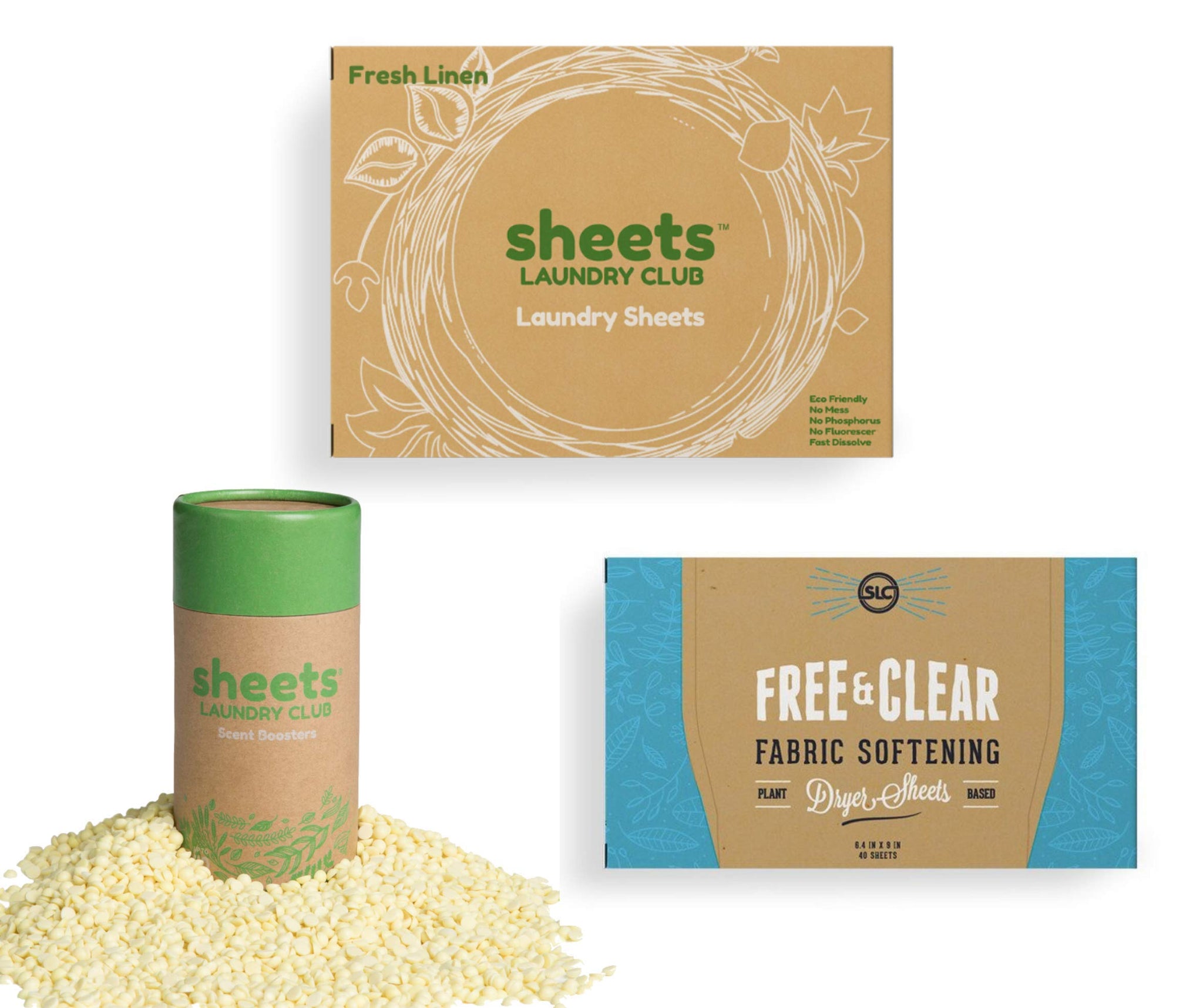 Sheets Laundry Club Bundle - 50 Pack (up to 100 loads) Fresh Linen Detergent Sheets, 40 Pack Vitality Dryer Sheets & 8 Oz. Uncharted Waters Scent