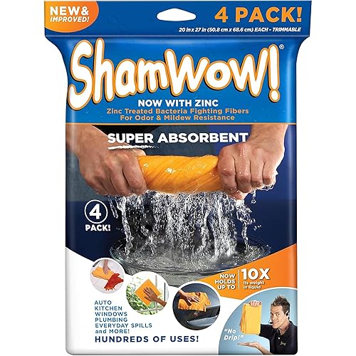 ShamWow 4pk (20"x27") Shammy Super Absorbent Multi-Purpose Home Cleaning, Chamois Towel for Cars, Lint-Free, Streak-Free & Scratch-Free, Holds 10x Its