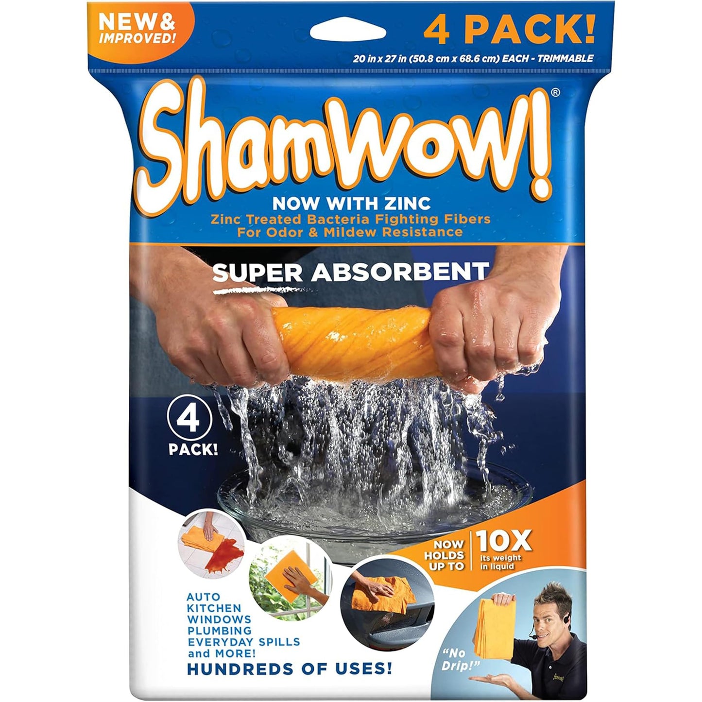 ShamWow 4pk (20"x27") Shammy Super Absorbent Multi-Purpose Home Cleaning, Chamois Towel for Cars, Lint-Free, Streak-Free & Scratch-Free, Holds 10x Its