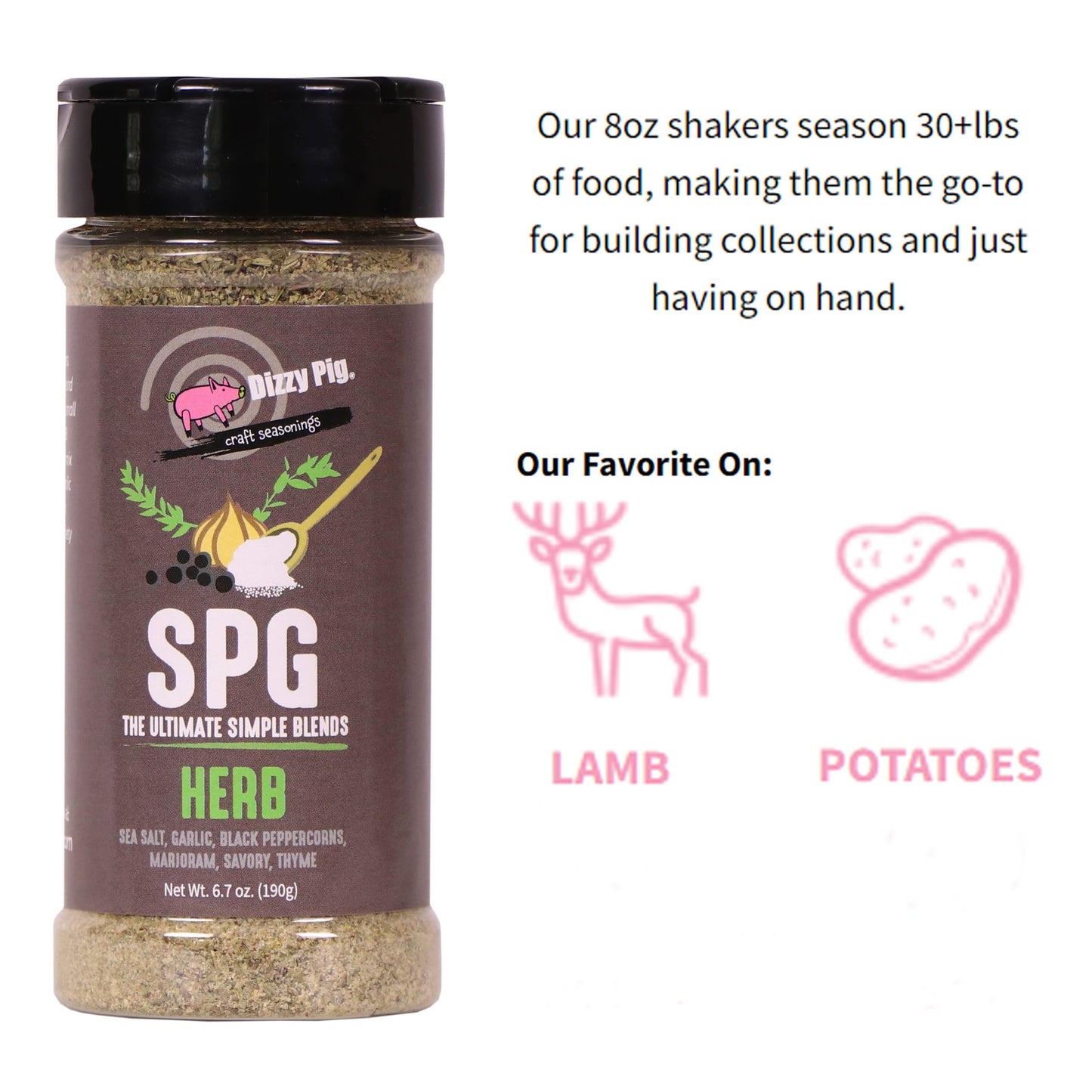 Dizzy Pig SPG Herb (Salt, Pepper & Garlic) Seasoning Rub (8oz Shaker) - Seasons 30+lbs of Food - Hand Made in the USA - MSG Free, Gluten Free