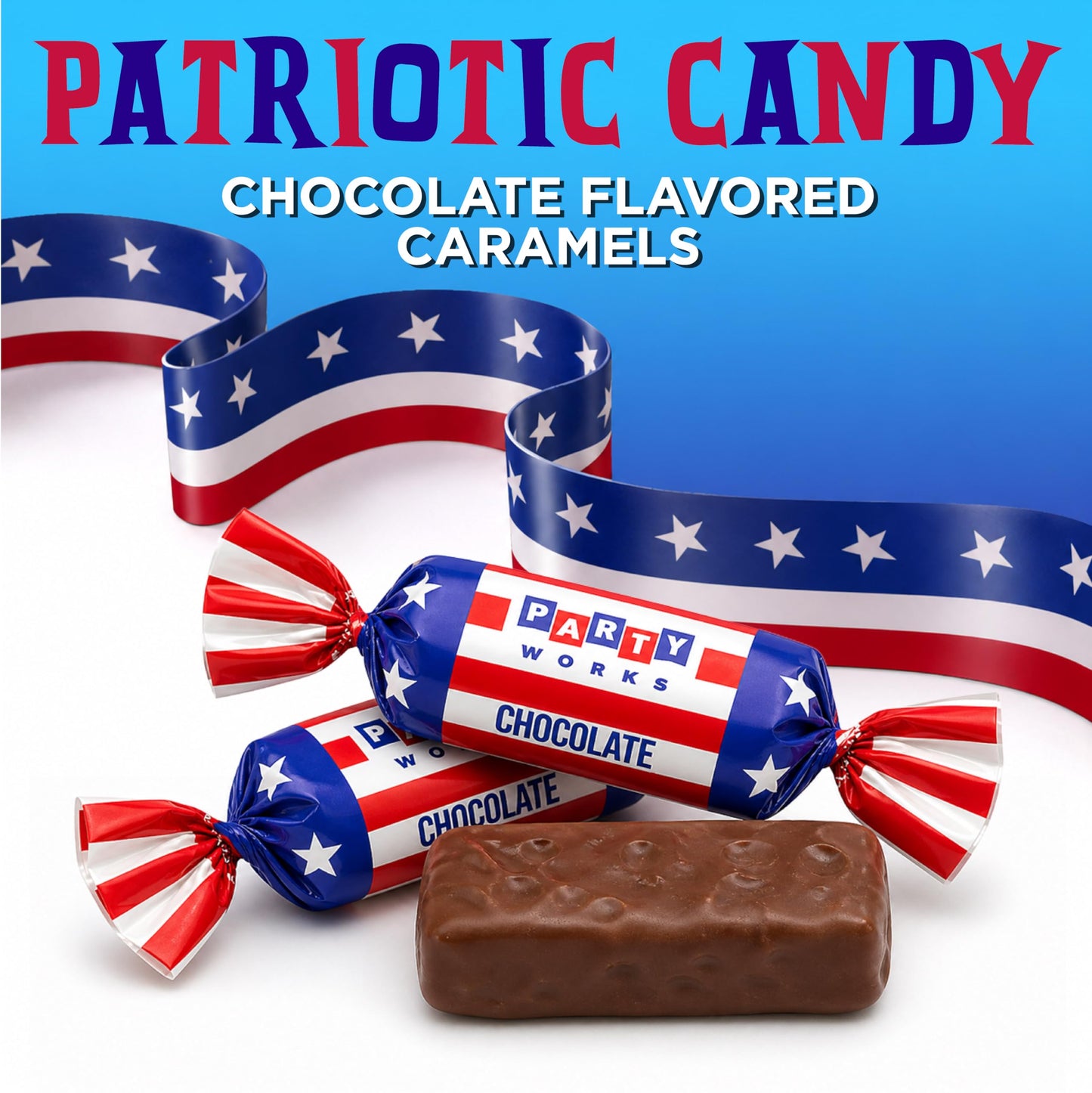 Patriotic Candy - 2 Pound Pack - Chocolate Flavored Caramels - Fourth of July Candy Bulk - Individually Wrapped Red White and Blue Taffies