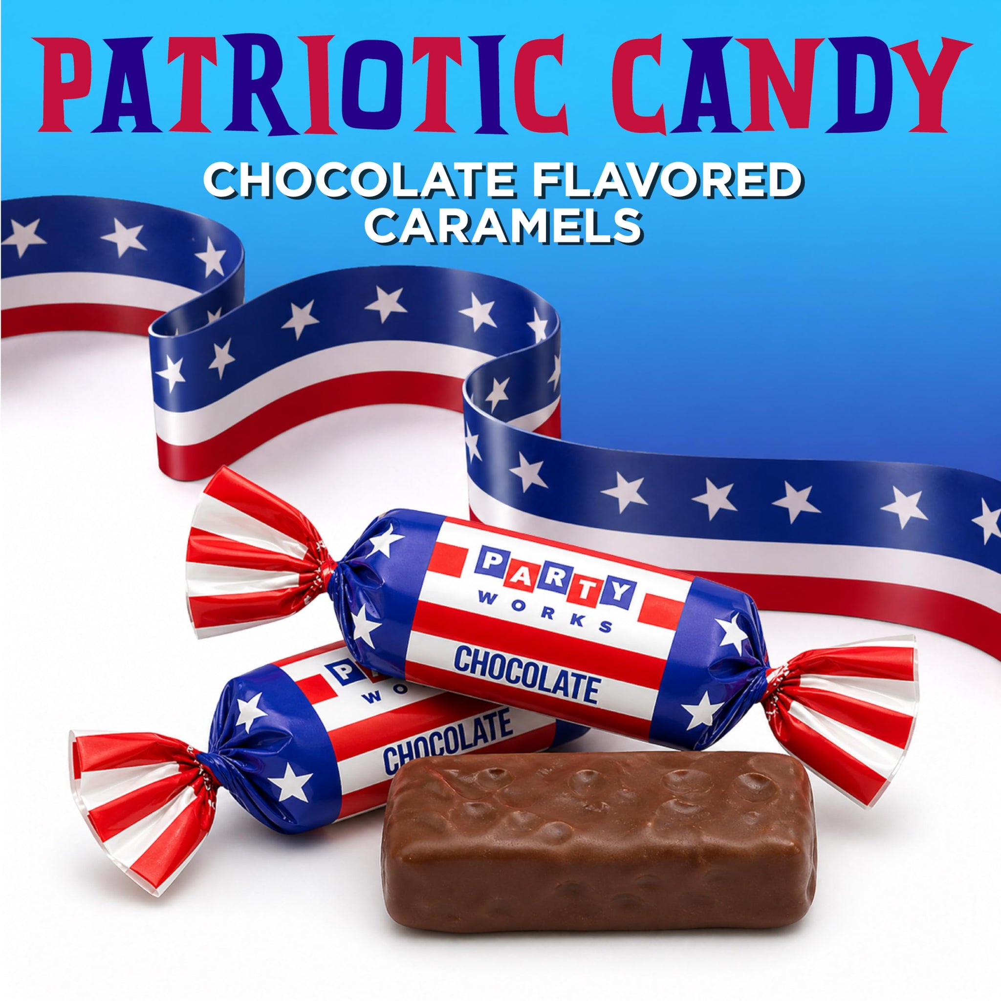 Patriotic Candy - 2 Pound Pack - Chocolate Flavored Caramels - Fourth of July Candy Bulk - Individually Wrapped Red White and Blue Taffies