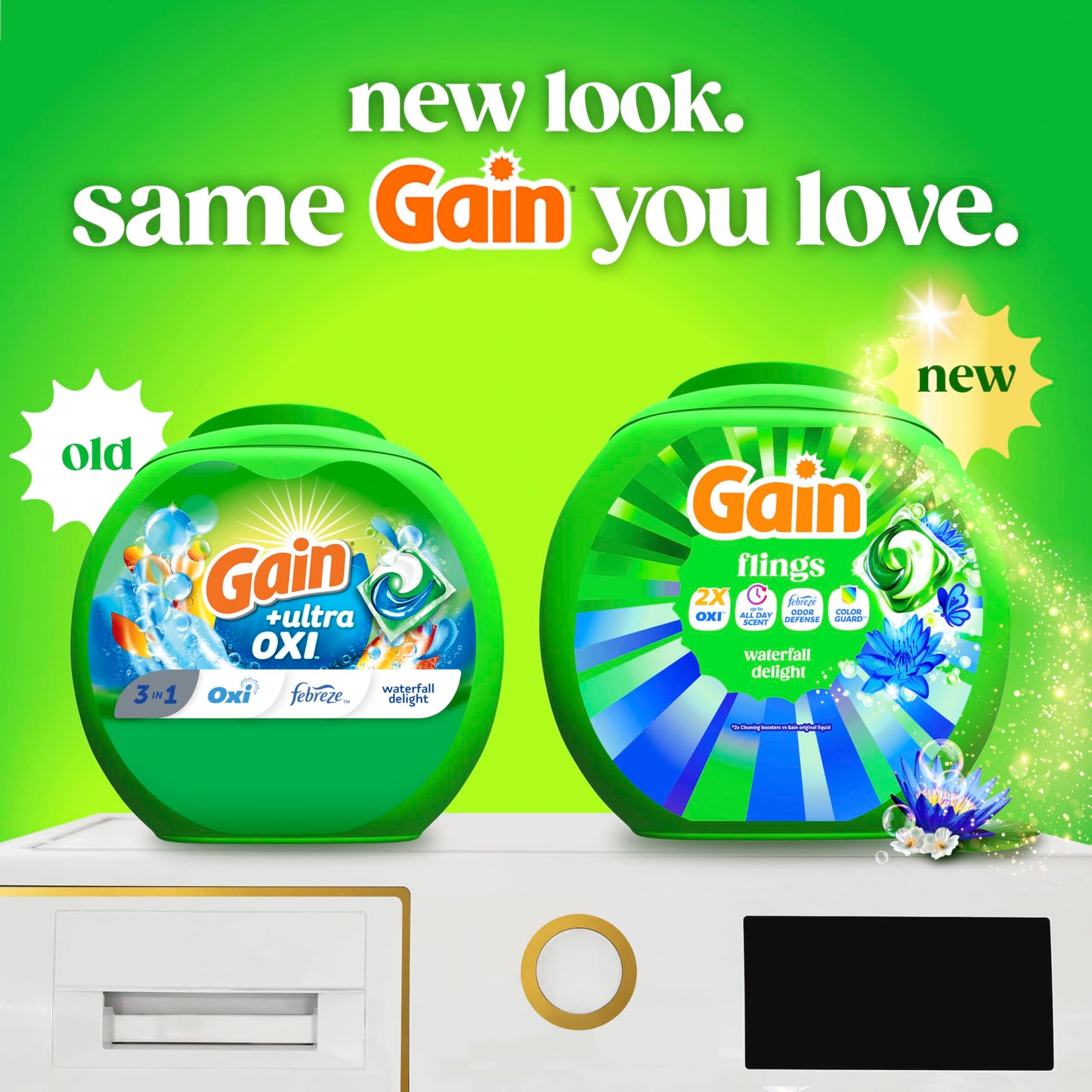 Gain Flings Liquid Washing Detergent Pacs, Now with Odor Defense + Color Guard, Waterfall Delight Scent, 4-In-1 Liquid Laundry Detergent Pods, Clean