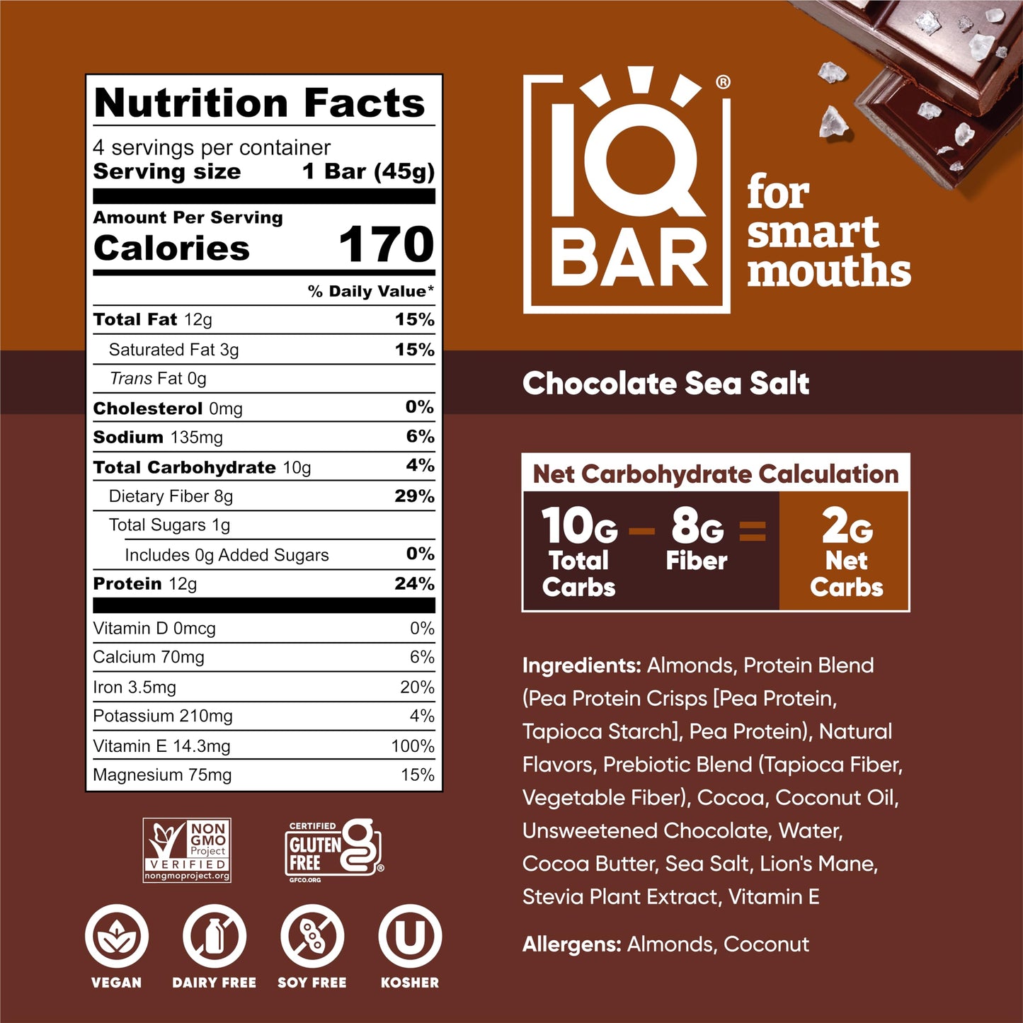 IQBAR Brain and Body Protein Bars - Chocolate Sea Salt Keto Bars - 4 Count Energy Bars - Vegan Snack