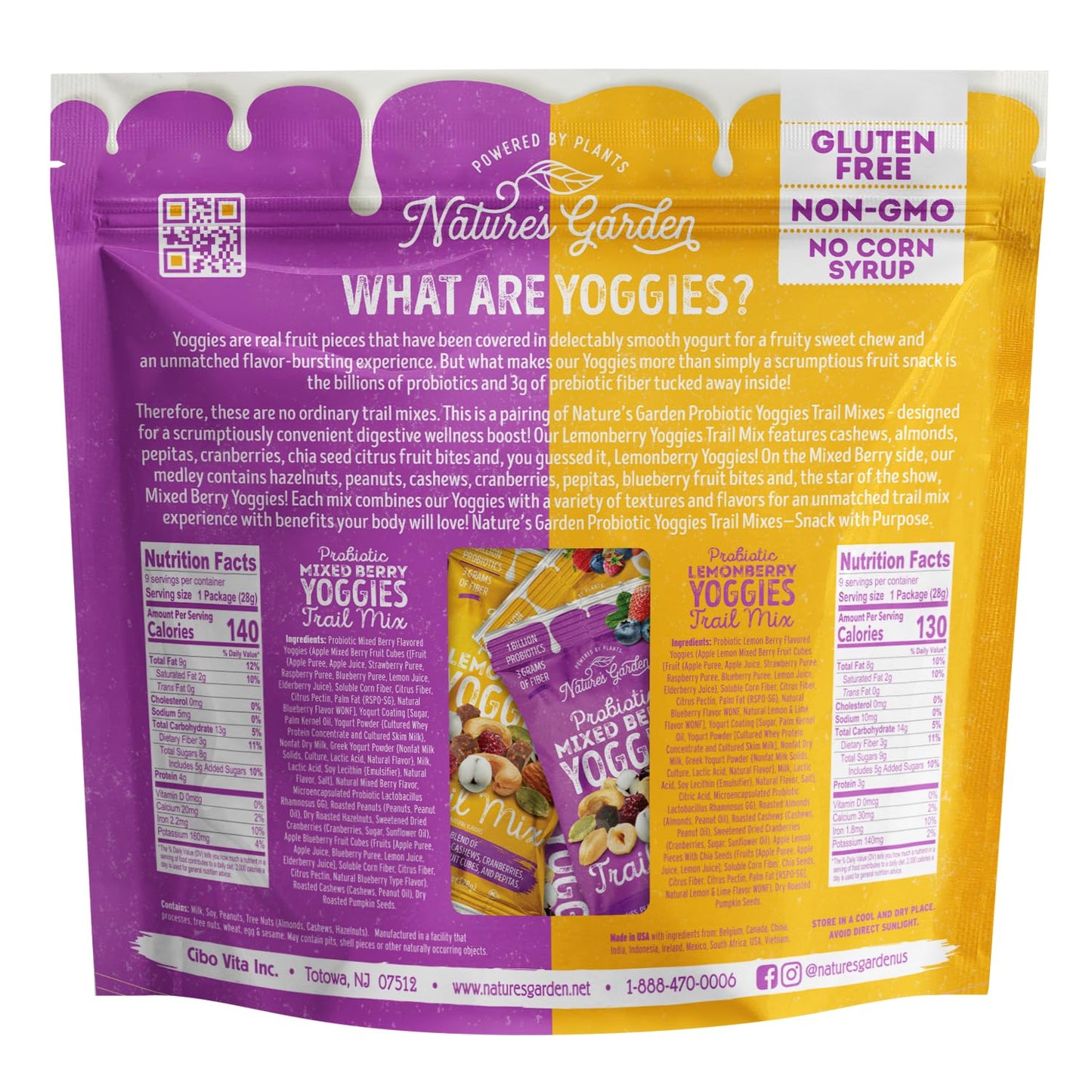Nature's Garden Probiotic Yoggies Trail Mix Multipack, 18oz (18 individual servings), Yoggies Mixed Berry Trail Mix & Yoggies Lemonberry Trail Mix)