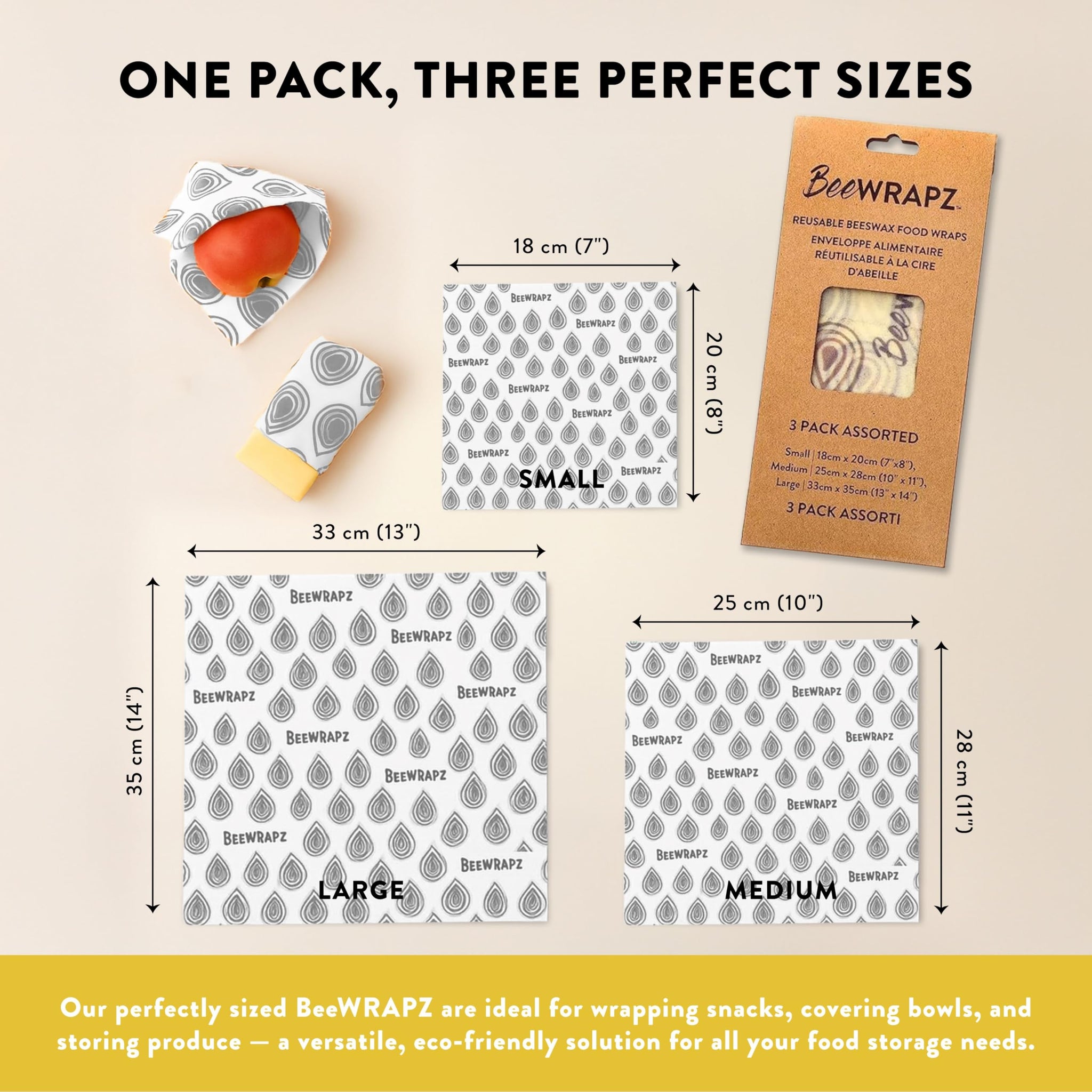 BeeWRAPZ Reusable Beeswax Wraps for Food | Eco Friendly & Organic | Vegan & Plastic-Free Food Storage | Biodegradable |Pack of 3 Beeswax Food Wraps