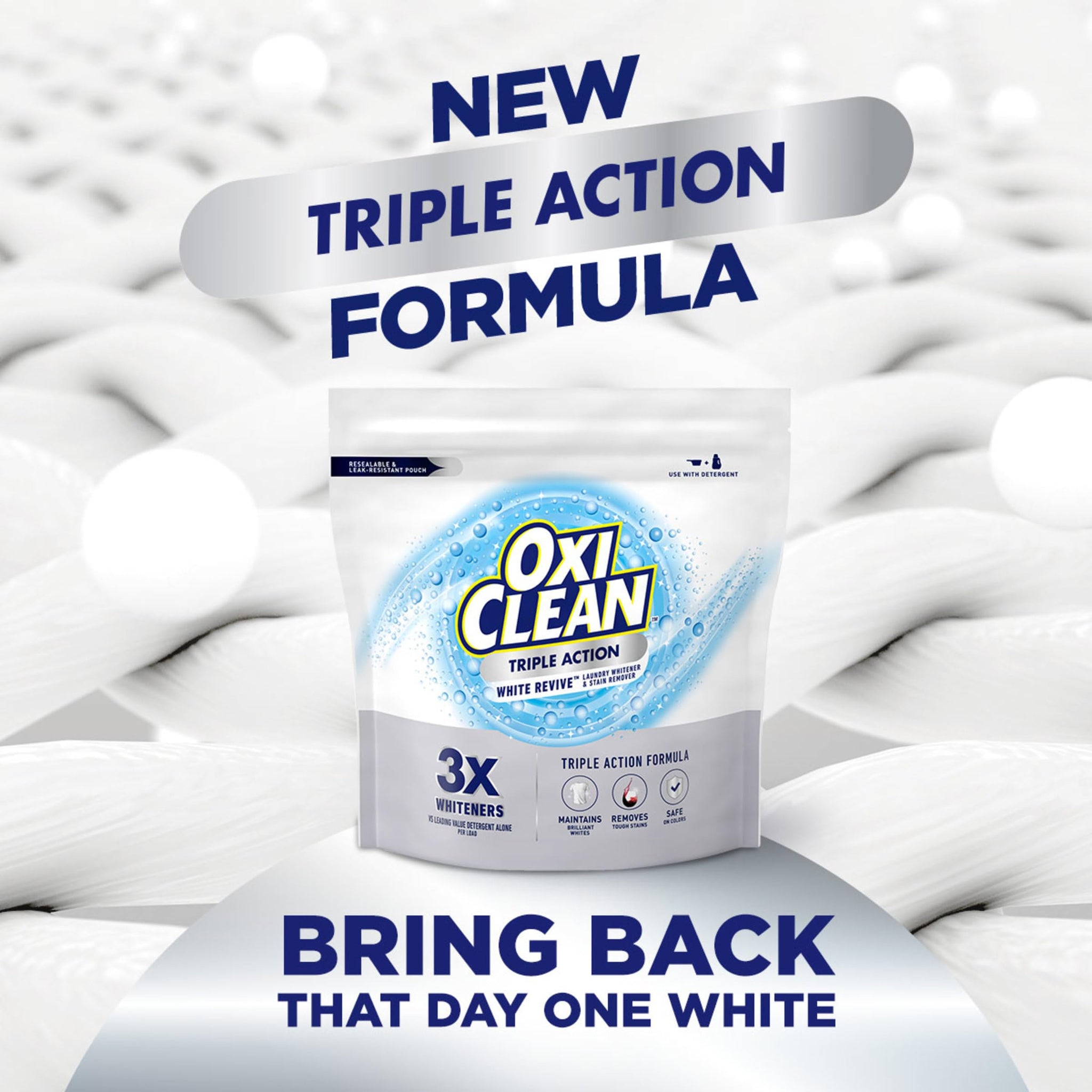OxiClean Triple Action White Revive Laundry Whitener and Stain Remover Powder, Use with Detergent, Whitens and Brightens Clothes, Removes Tough