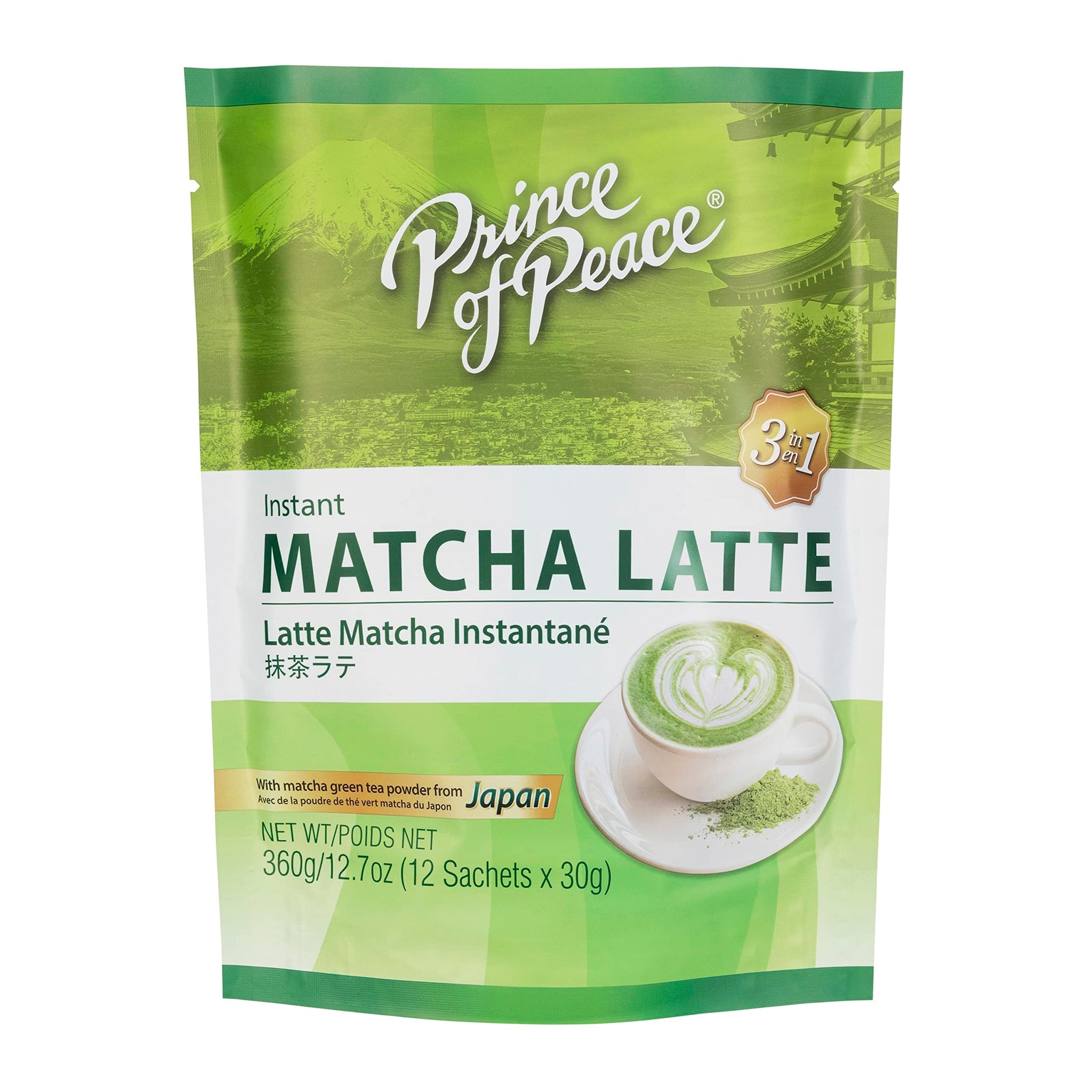Prince of Peace 3 in 1 Matcha Latte Instant Beverage, 12 Sachets - Made with Matcha Powder from Japan - Instant Hot or Cold Beverage - Easy to Brew
