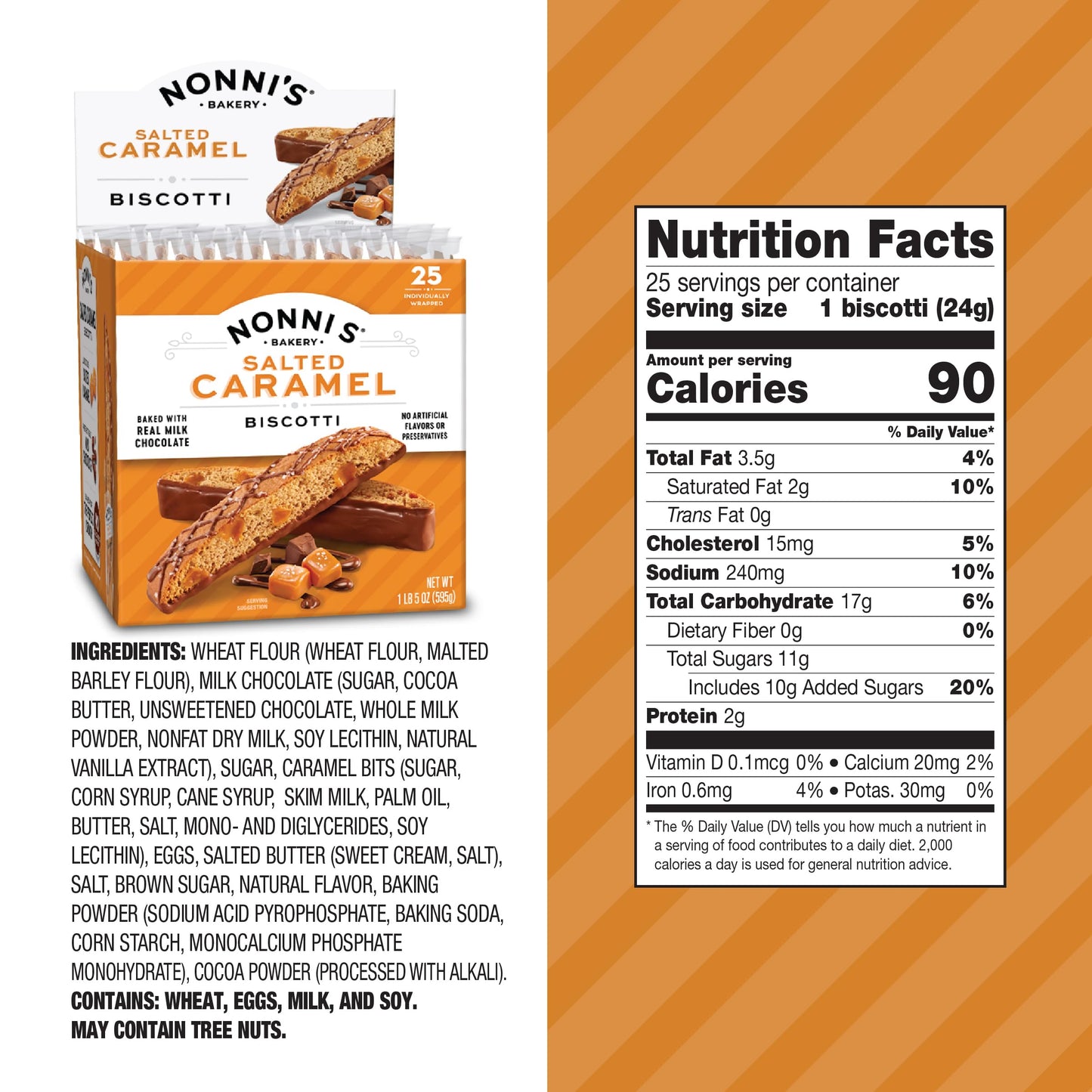 Nonni's Salted Caramel Milk Chocolate Biscotti Cookies - Individually Wrapped Italian Coffee Snack, Crunchy Twice-Baked, 90 Cal Each, 21 oz Carton, 4