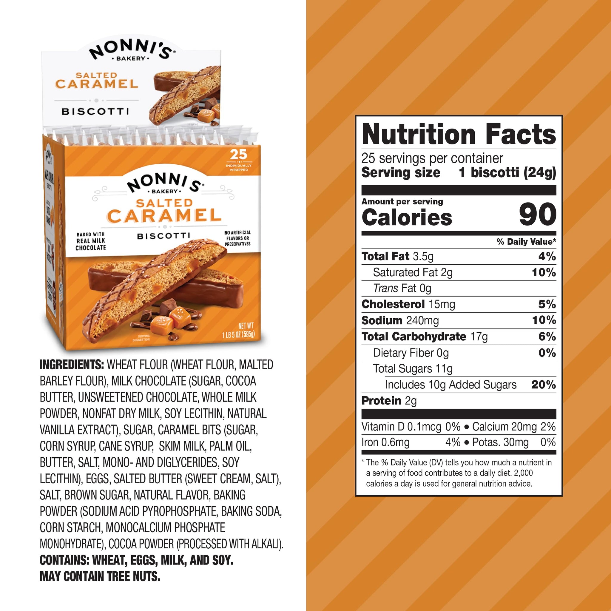 Nonni's Salted Caramel Milk Chocolate Biscotti Cookies - Individually Wrapped Italian Coffee Snack, Crunchy Twice-Baked, 90 Cal Each, 21 oz Carton, 4
