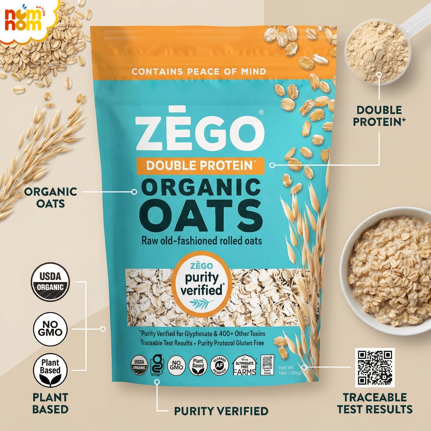 Zego Instant Hot Cereal - (Pack of 2, 14 oz) - Organic Breakfast Grain with Rolled Oats - Protein Blend for Morning and Overnight Use