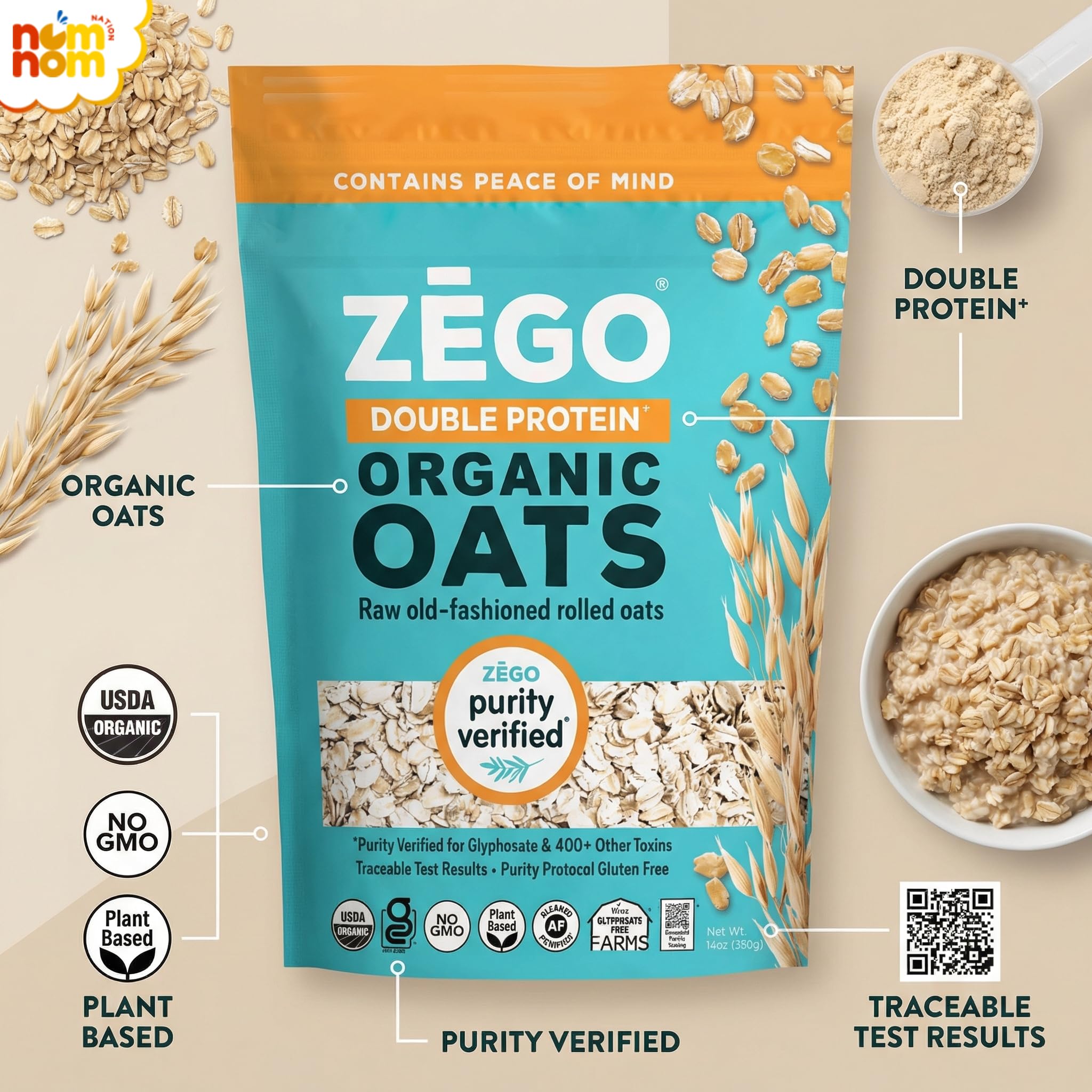 Zego Instant Hot Cereal - (Pack of 2, 14 oz) - Organic Breakfast Grain with Rolled Oats - Protein Blend for Morning and Overnight Use