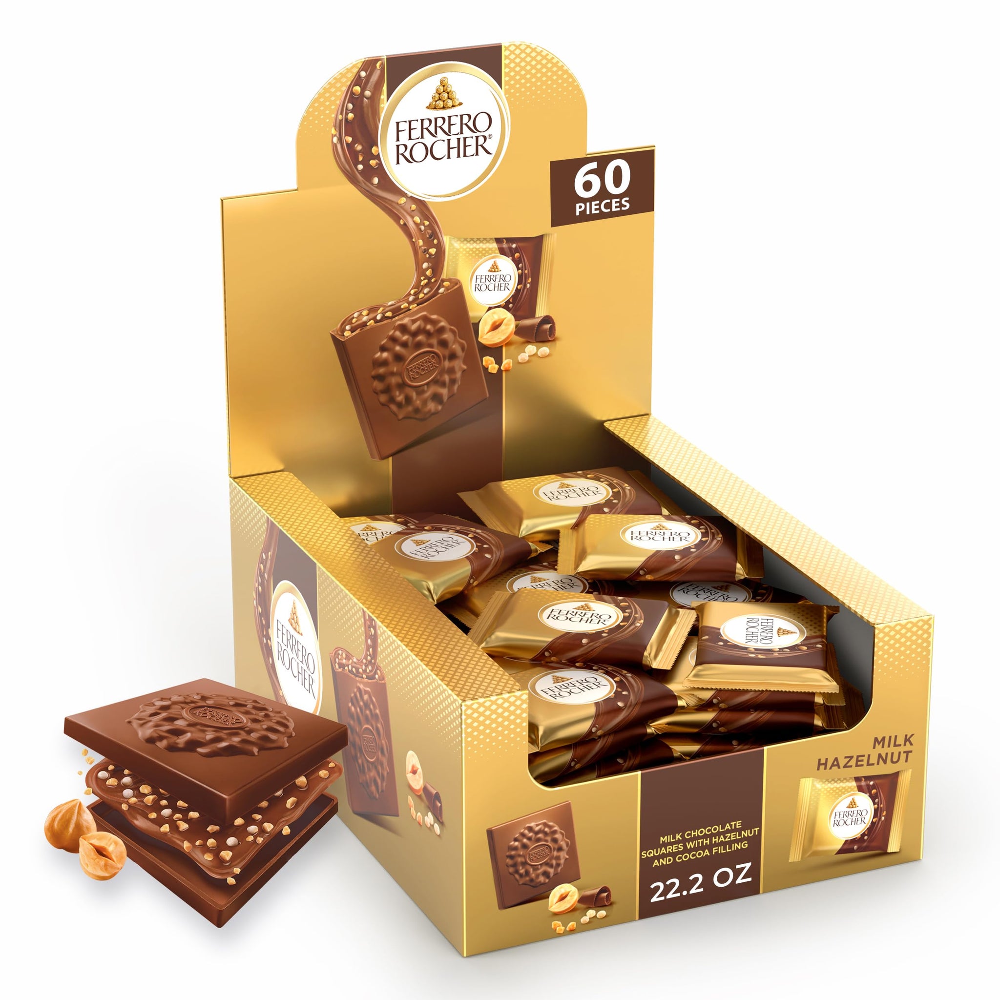 Ferrero Rocher Premium Milk Hazelnut chocolate squares, Individually Wrapped Chocolates, Great for Sharing or Gifting, 22.2 oz