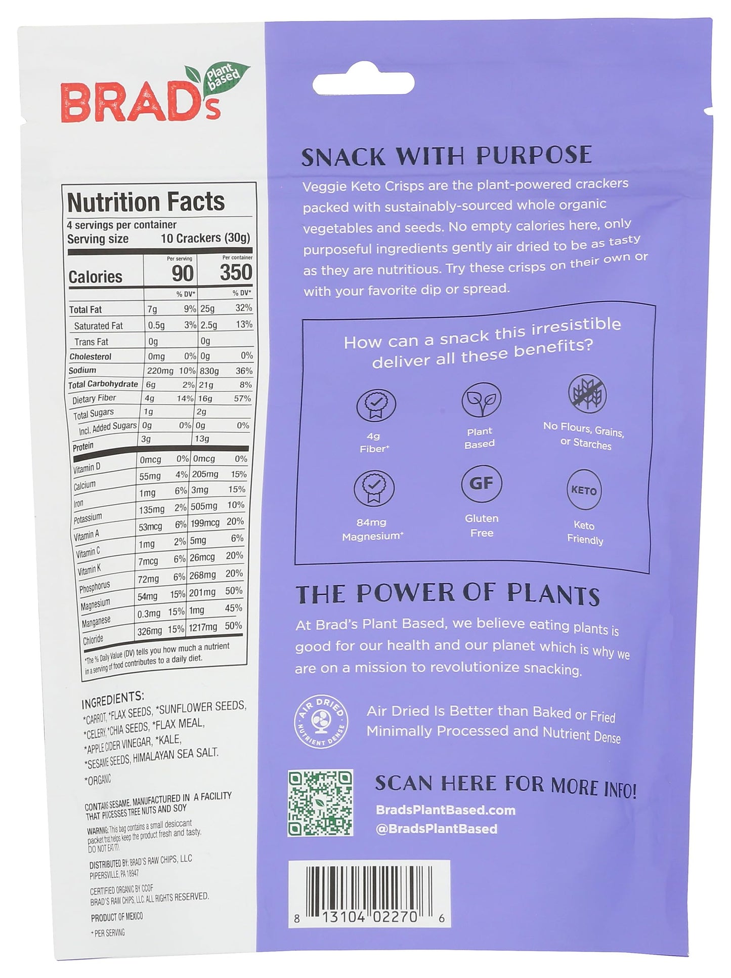 Brad's Raw Organic Sea Salt Veggie Keto Crisp, 4 OZ