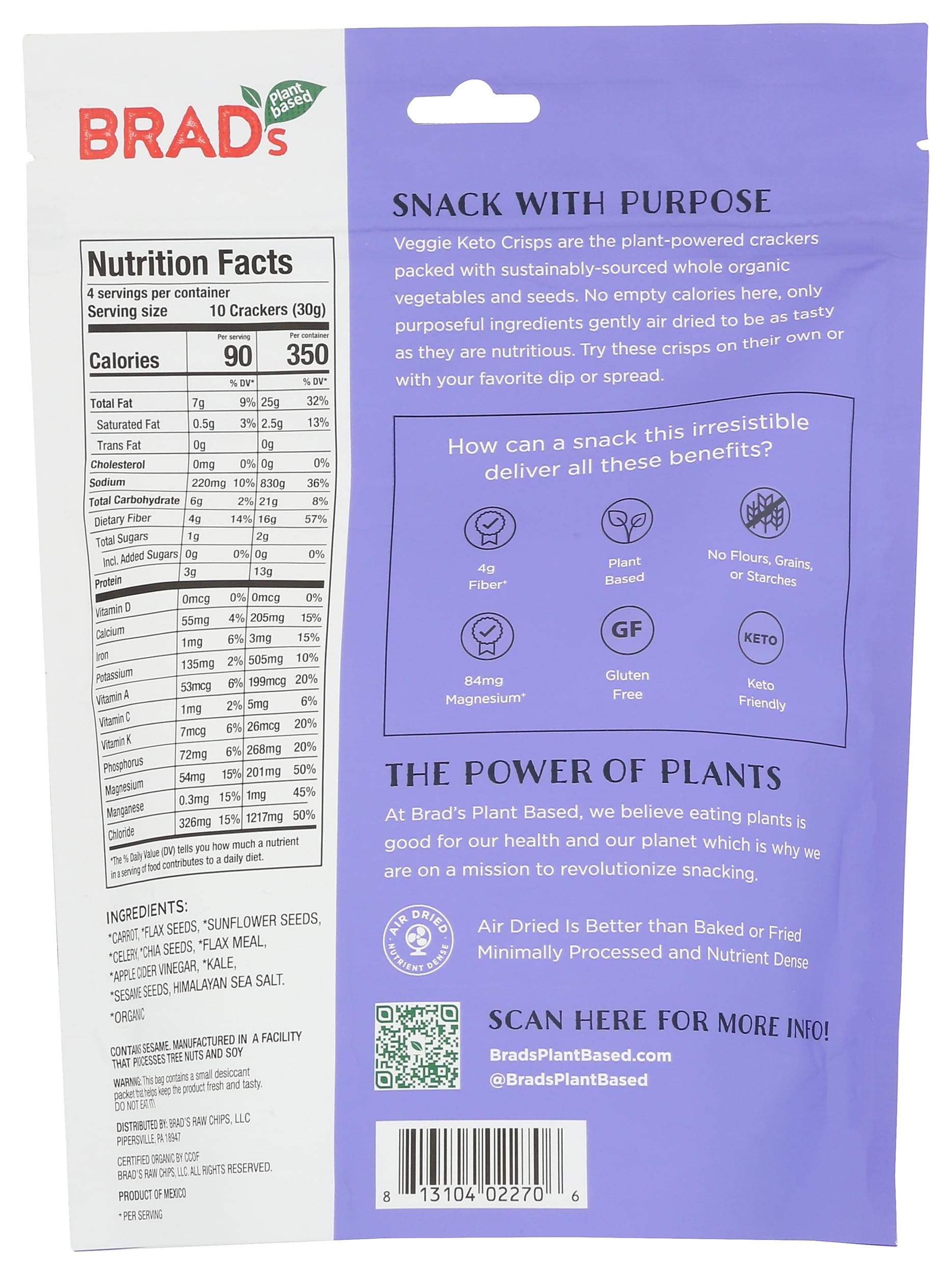 Brad's Raw Organic Sea Salt Veggie Keto Crisp, 4 OZ