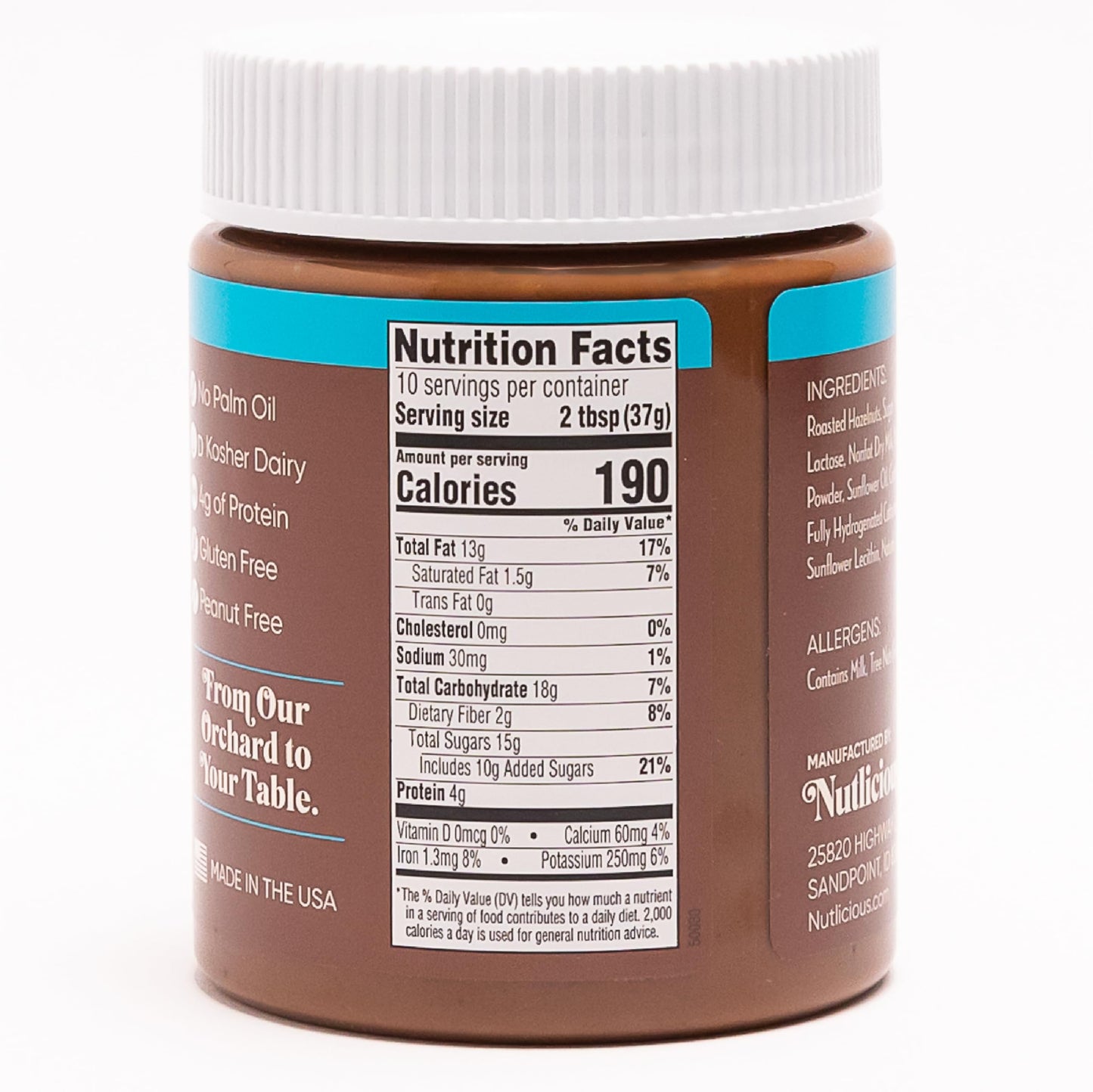 NUTLICIOUS Hazelnut Cocoa Spread (13 oz), Spreadable Roasted Hazelnuts with Cocoa, Made in the USA, No Palm Oil, 4 gm of Protein