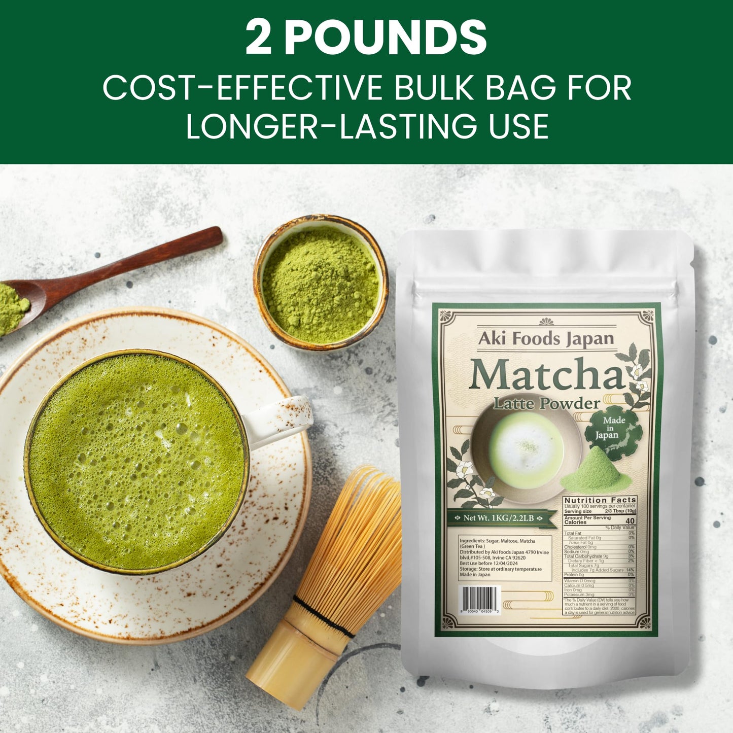 Matcha Latte Mix 2.2LB (1kg) by Aki Foods Japan - Premium Japanese Green Tea Latte Powder, Authentic Matcha Flavor, Easy to Prepare | For Bulk