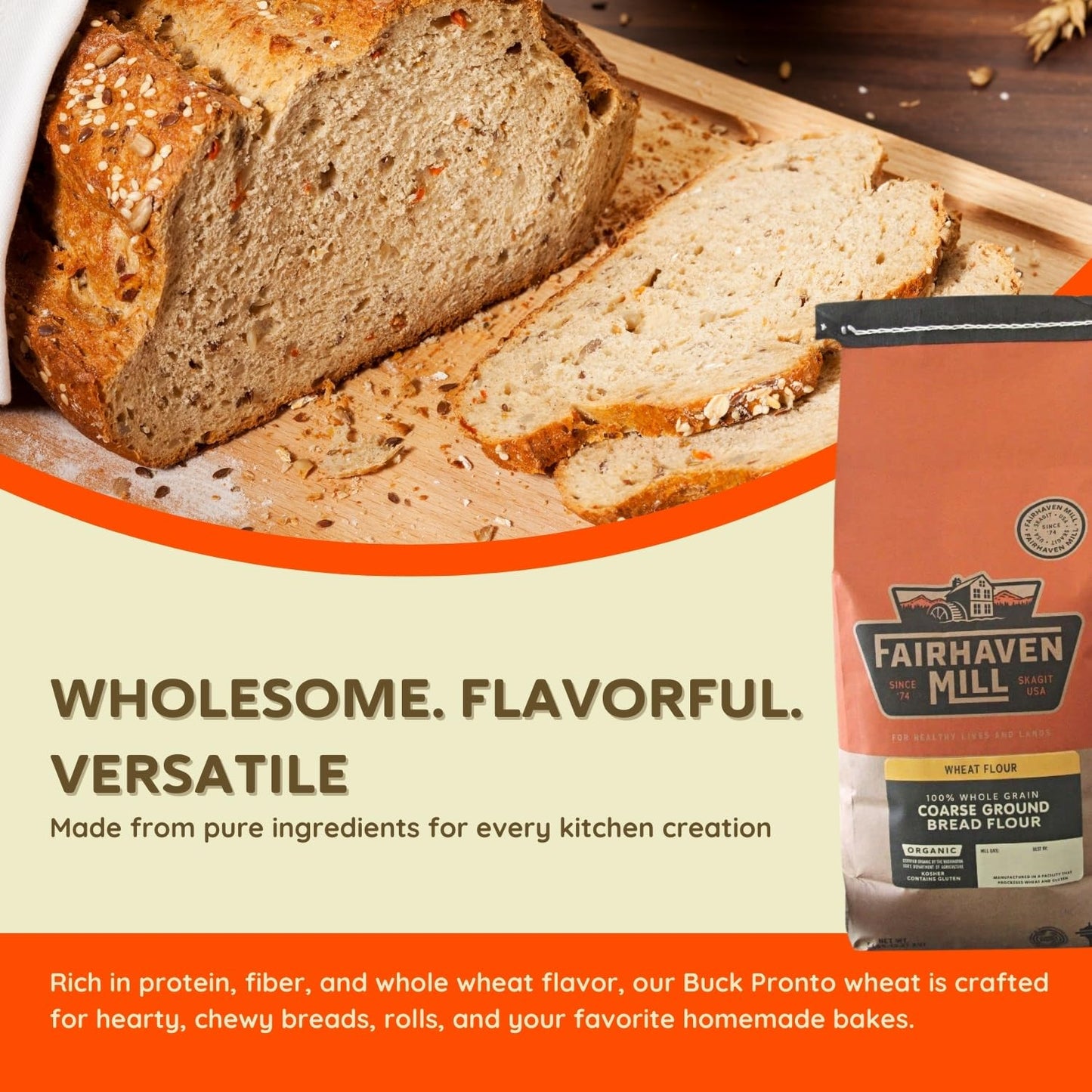 Fairhaven Mill Coarse Ground Whole Wheat Bread Flour - USDA Organic Certified and 100% Whole Grain - Rustic Texture for Artisan Loaves, Rolls, Pizza