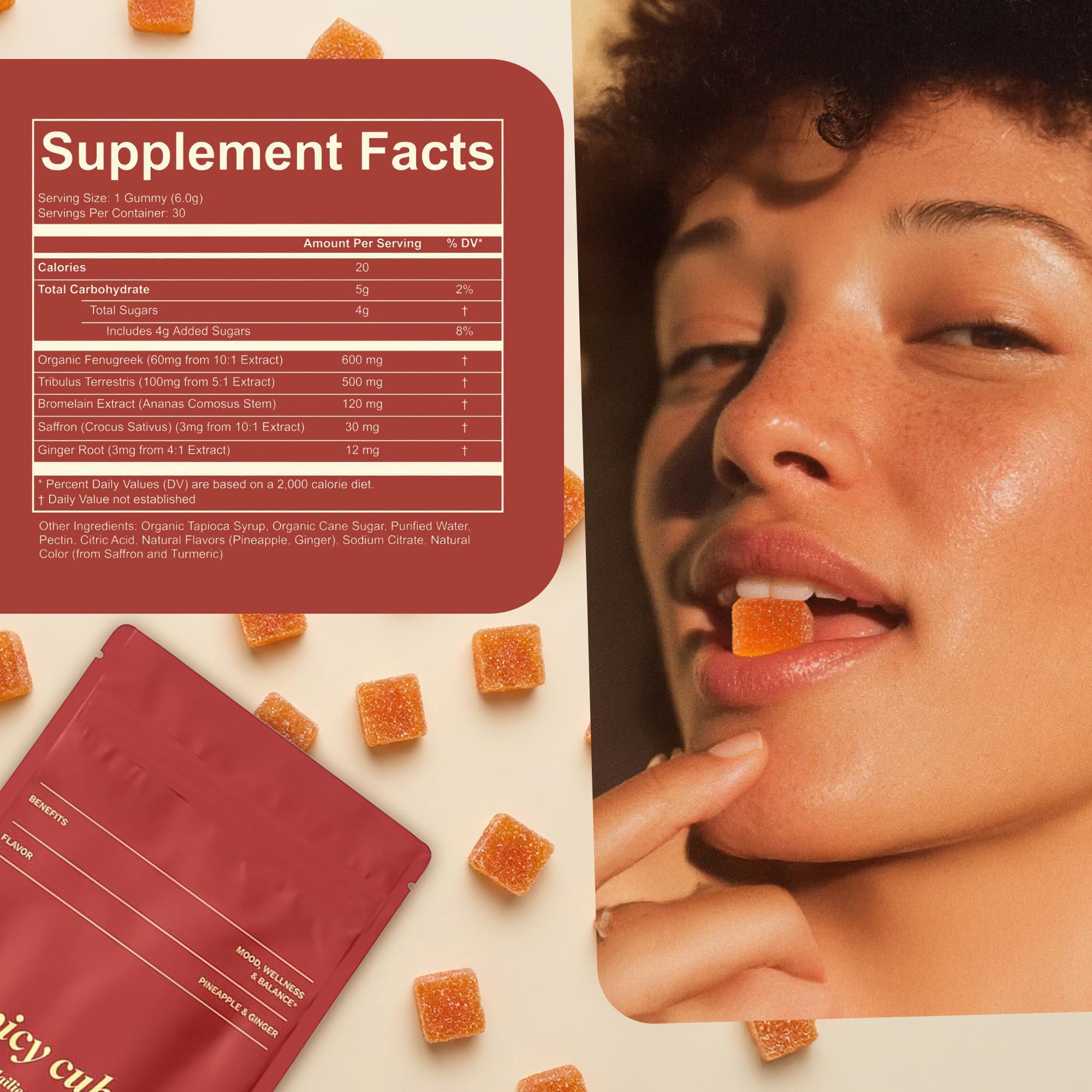Spicy Cubes Dailies for Her - Feminine Balance Wellness Gummies with Saffron & Fenugreek - Natural Mood Support, Female Vitality & Energy - Tropical