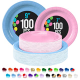 Party Solids Exquisite Light Blue & Pink Mixed Paper Plates - 7" & 9", 200 Pack (100 each), 350 GSM