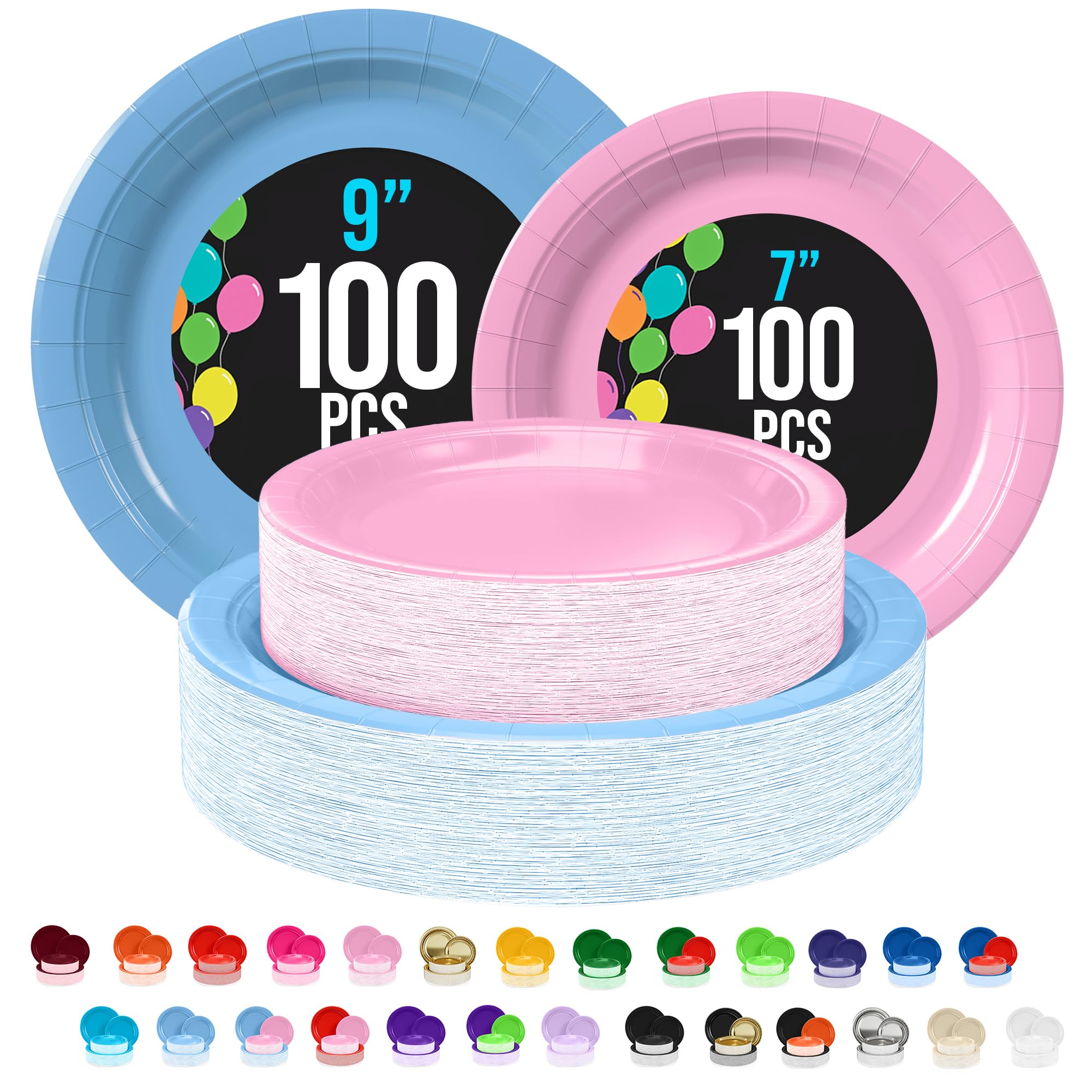 Party Solids Exquisite Light Blue & Pink Mixed Paper Plates - 7" & 9", 200 Pack (100 each), 350 GSM