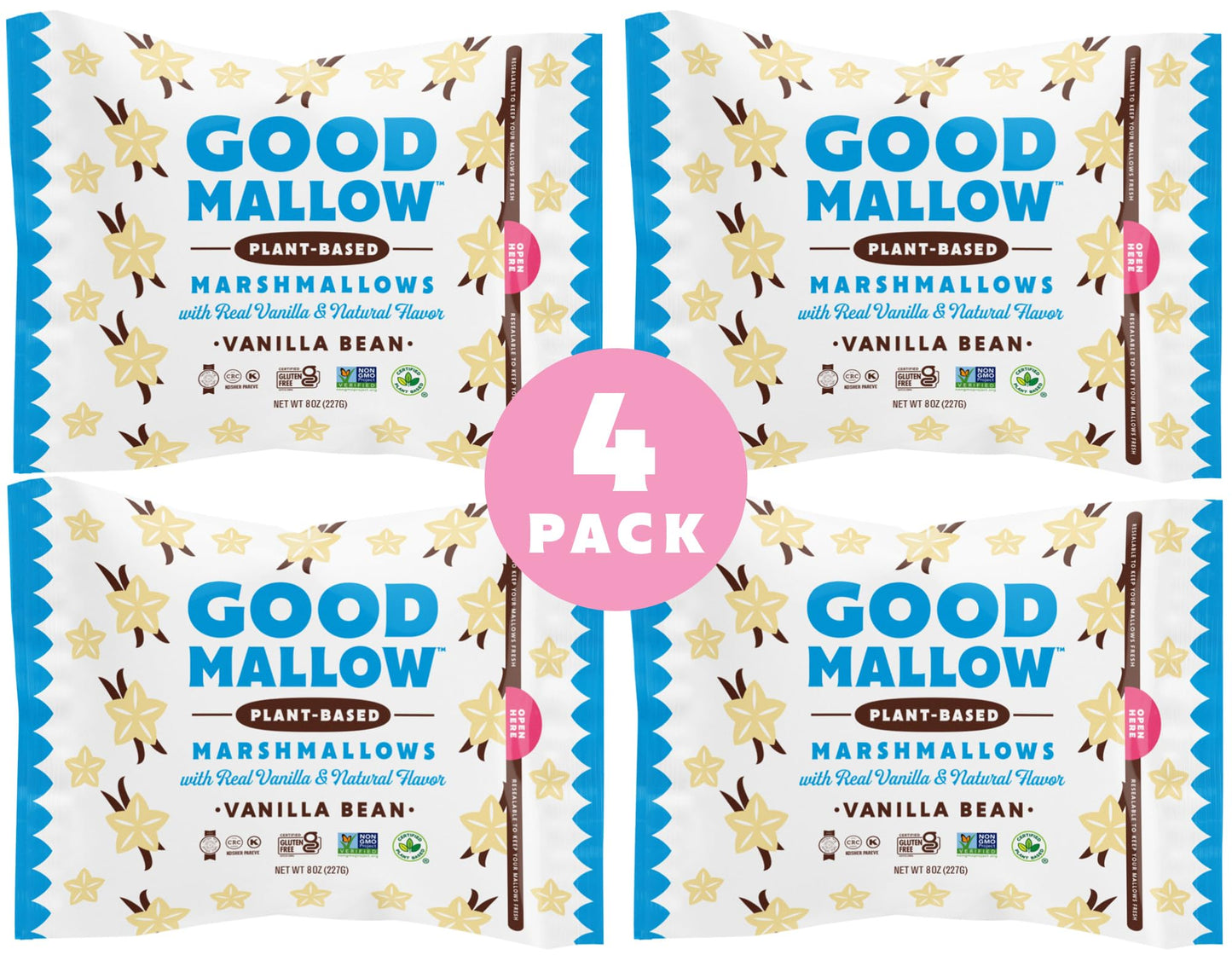 GoodMallow Vegan Marshmallows - Large Kosher Halal Gluten Free Dairy Free Healthy- 4 x 8oz. Natural Gelatin Free Marshmallows for Hot Chocolate