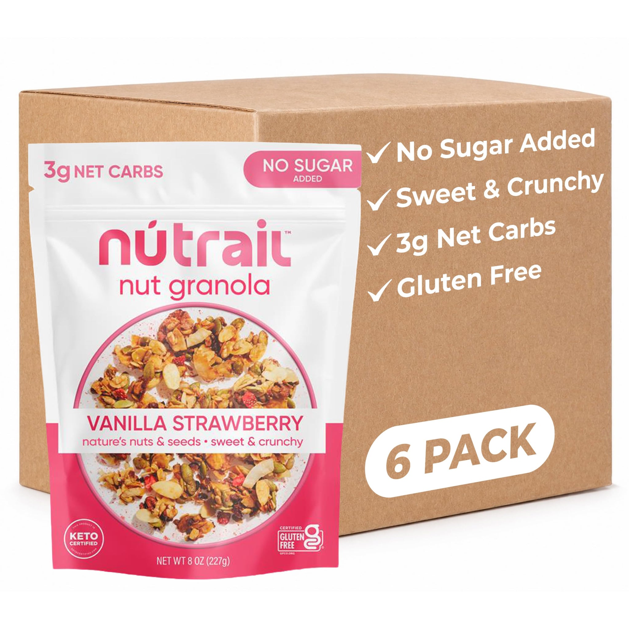 NuTrail Nut Granola Cereal, Vanilla Strawberry, No Sugar Added, Keto, Low Carb, Gluten Free, Grain Free, Healthy Breakfast 8 oz. 6 Count