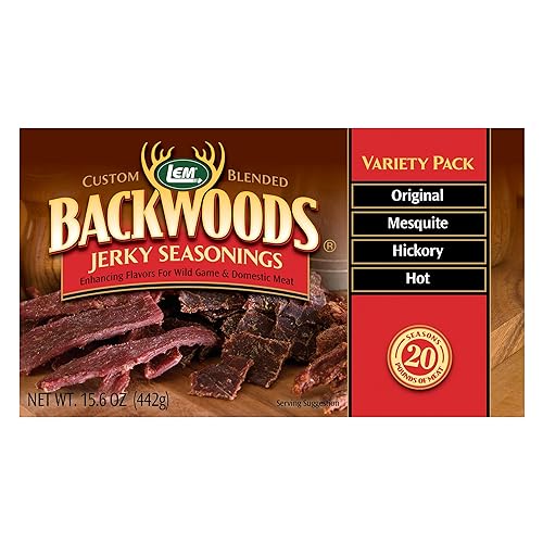 LEM Products Backwoods Jerky Seasoning Variety Pack, Includes Original, Hot, Mesquite, and Hickory Flavors, Ideal for Wild Game, 15.6 Ounce Package